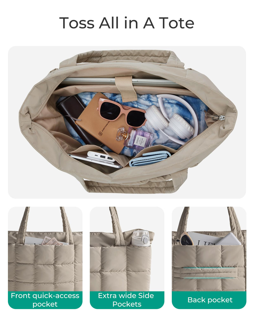 BAGSMART Expandable Tote Bag for Women, Puffer Work Tote Handbag, Quilted Carry On Bag for Travel Gym, Camel, Large