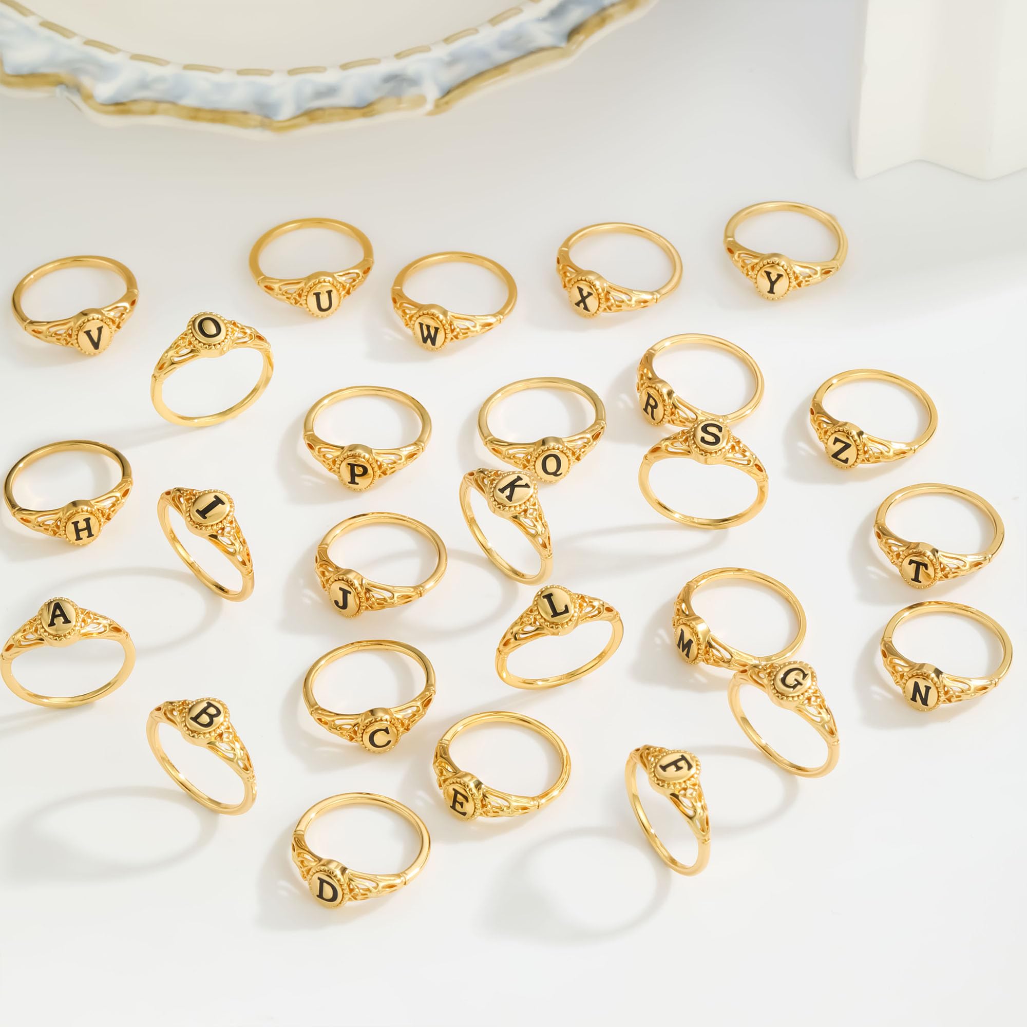 KOHOTA Gold Initial Rings for Women Non Tarnish Vintage 14K Gold Plated Letter Signet Ring Dainty Personalized Stackable Thumb Pinky Band Ring Size 6-10 Jewelry Gifts