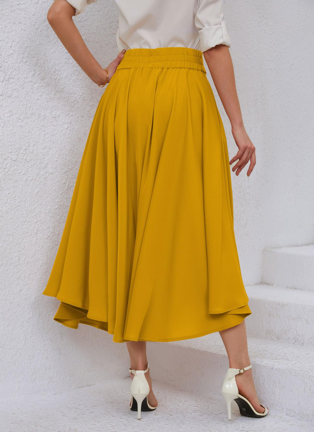 chouyatou Women's Elegant High Waisted Side Slit Irregular Bohemian Maxi Skirt with Pockets (Medium, Yellow)