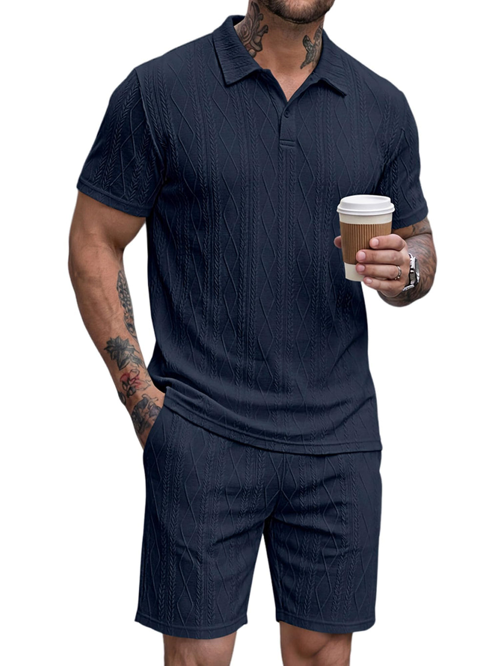 JMIERR Mens 2026 Casual 2 Piece Outfits Lounge Sets Jacquard Knit Short Sets Golf Short Sleeve Outfits for Beach Vacation