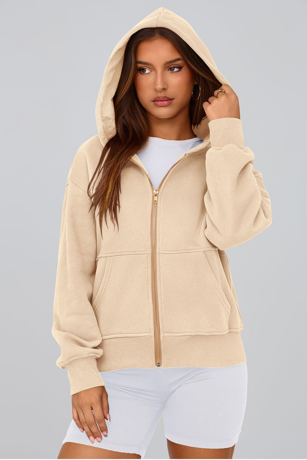 PRETTYGARDEN Hoodies for Women Sweatshirt Zip Up Hoodie Fall Fashion 2026 Trendy Long Sleeve Jackets Winter Clothing Outfits (Apricot,Medium)