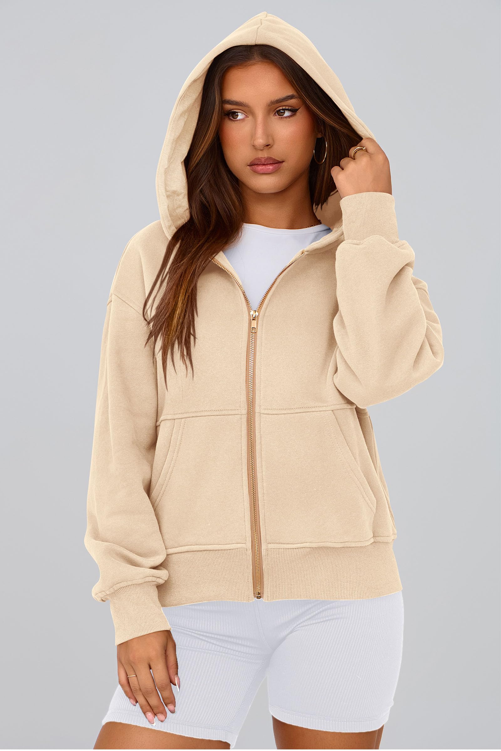 PRETTYGARDEN Hoodies for Women Sweatshirt Zip Up Hoodie Fall Fashion 2026 Trendy Long Sleeve Jackets Winter Clothing Outfits (Apricot,Medium)