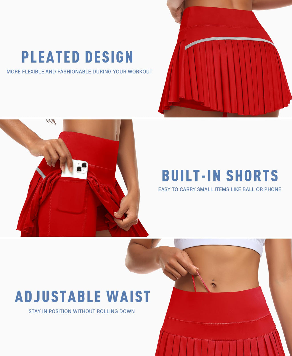 Pleated Tennis Skirt for Women with Shorts High Waisted Golf Skort Mini Skirt Workout Athletic Skorts Skirts with Pockets (Red,Large)