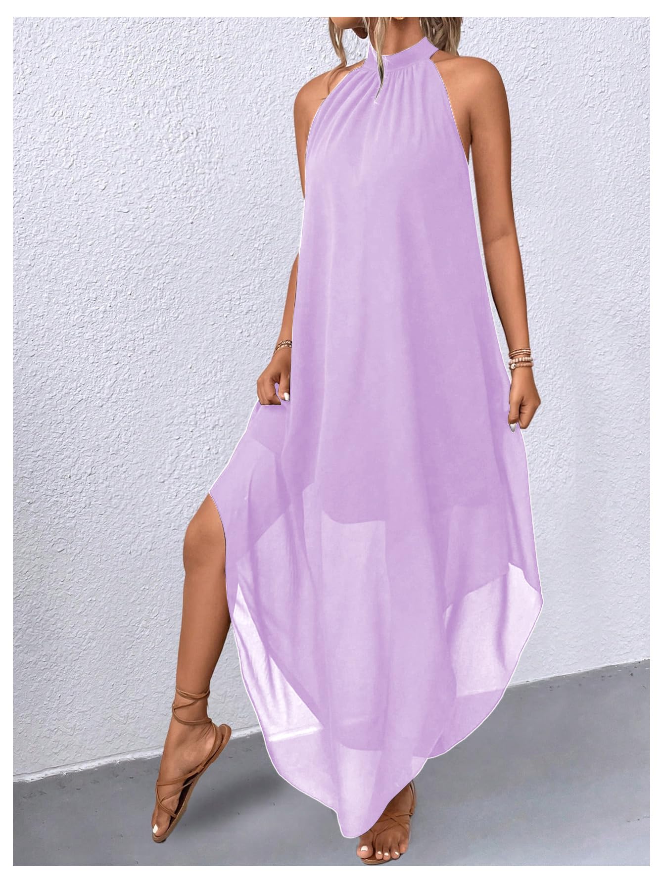 Verdusa Women's Wedding Guest Dress Halter Flowy Chiffon Asymmetrical Long Summer Prom Dress Mauve Purple Large