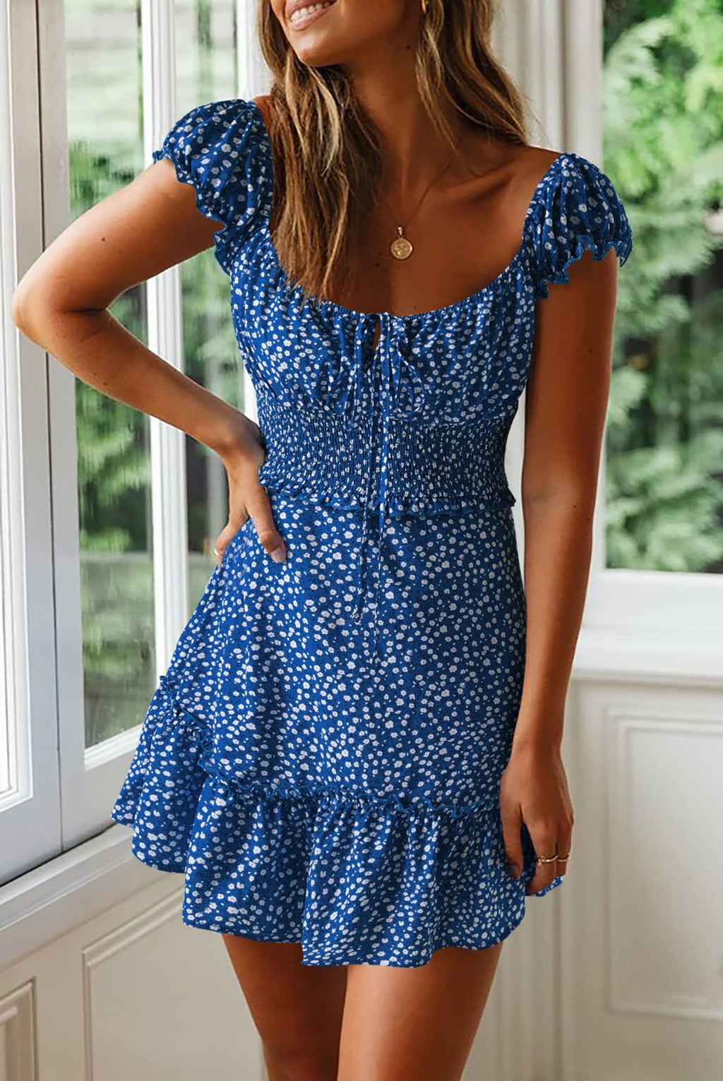 YOBECHO Womens Summer Sexy Sweetheart Collar Printed Ruffle Mini Dress Blue