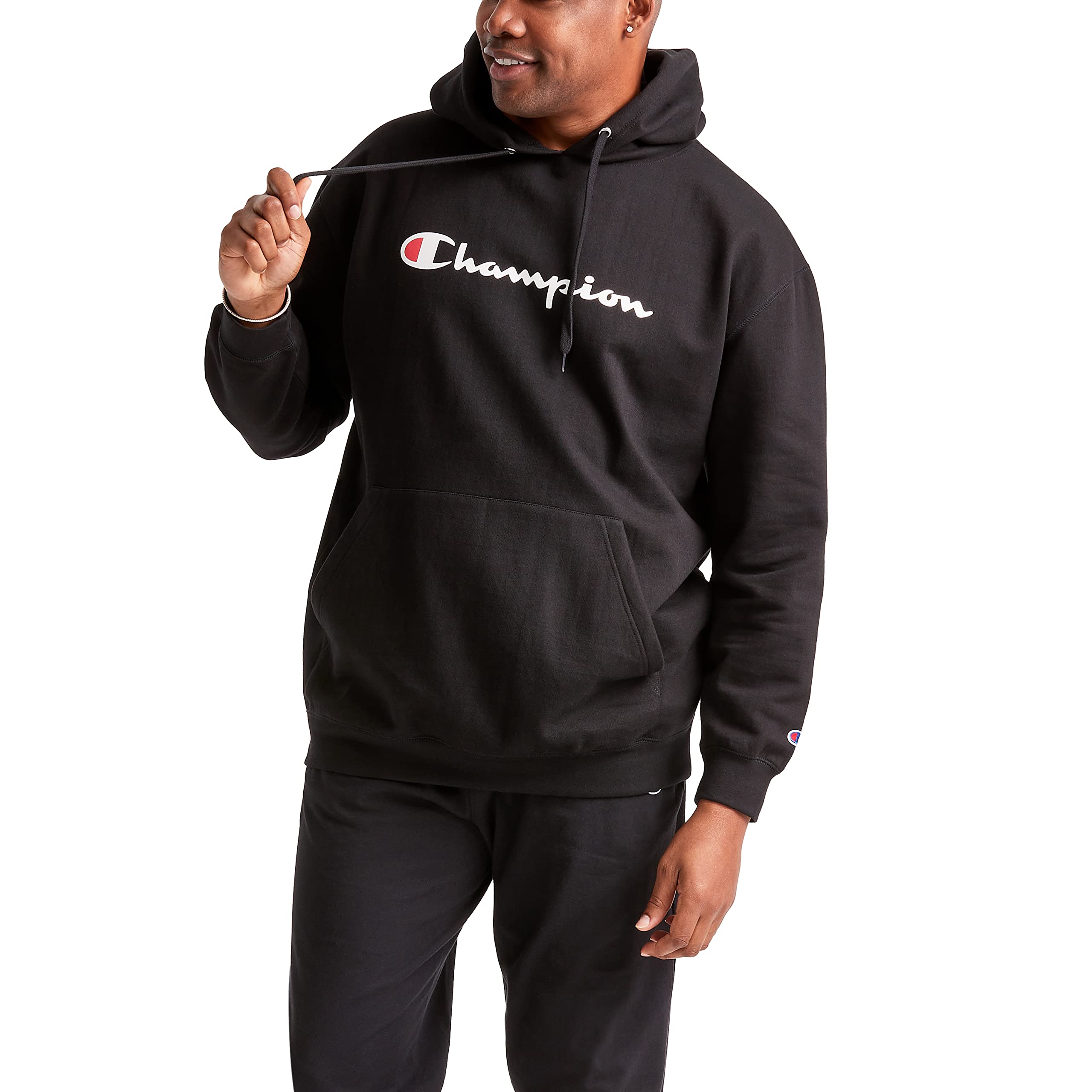Champion Men's Pullover Graphic Fleece Hoodie, Standard Fit, Midweight Fleece, Classic Script Logo, Available in Regular and Big & Tall, Black, Medium