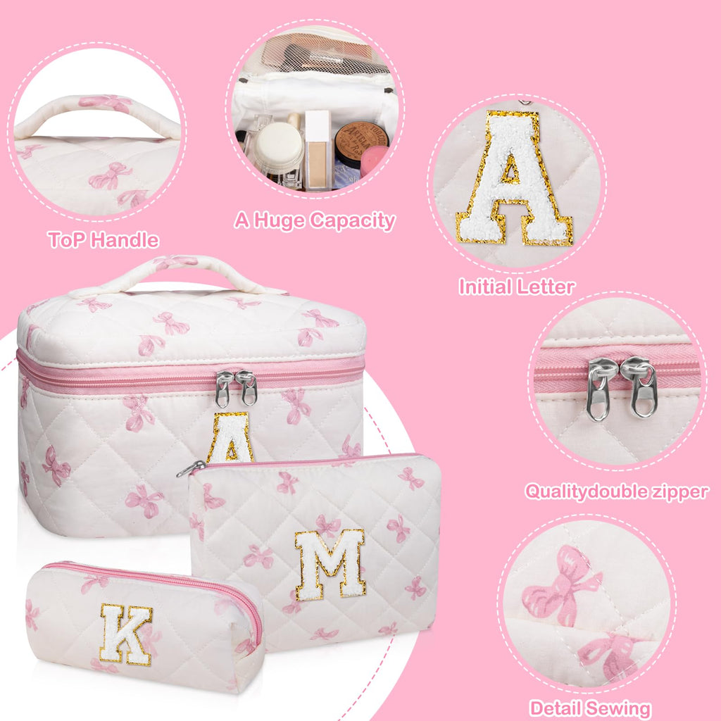 Junesters Initial Makeup Bag Set, Personalized Quilted Makeup Bag, Large Floral Cosmetic Bag for Women, Cute Cotton Custom Make up Bags, Flower Travel Toiletry Bag Teen Girl Gift Pink Butterfly M