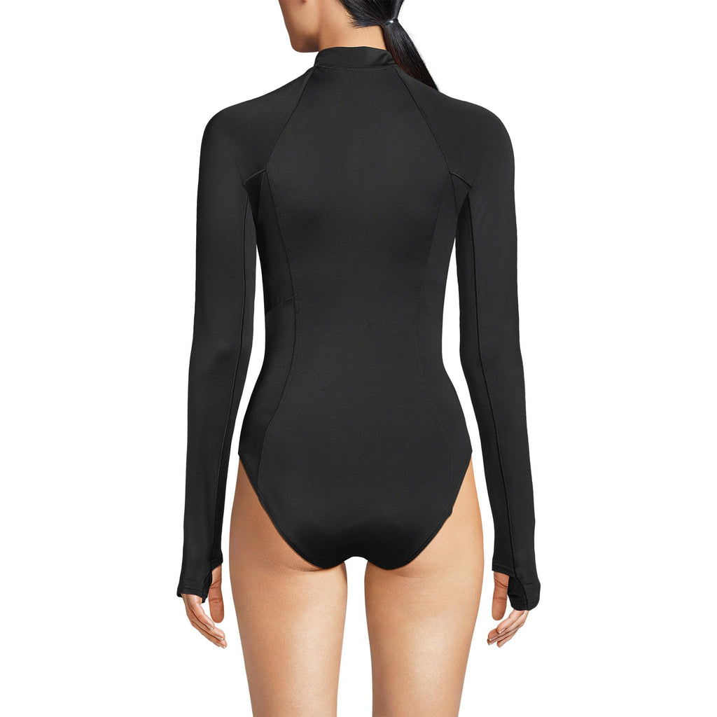 Lands' End Womens Tugless Mock Neck Long Sleeve Zip Front Standard Leg One Piece Swimsuit Black Regular 2