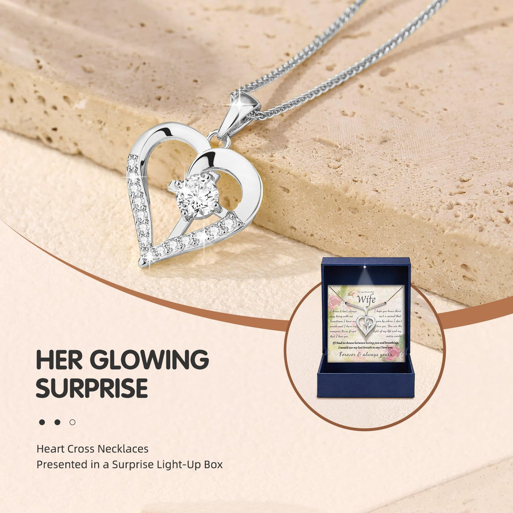 Cross Necklaces for Women Anniversary Birthday Gifts for Wife Women Silver Necklace for Women Cross Necklaces for Her Heart Necklace for Women Wife Card S925 Sterling Silver Jewelry for Women