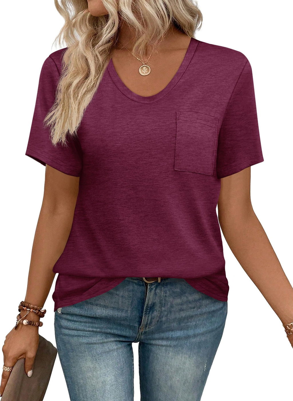 WIHOLL Womens Tops Casual Short Sleeve T Shirts for Summer Plum XXL