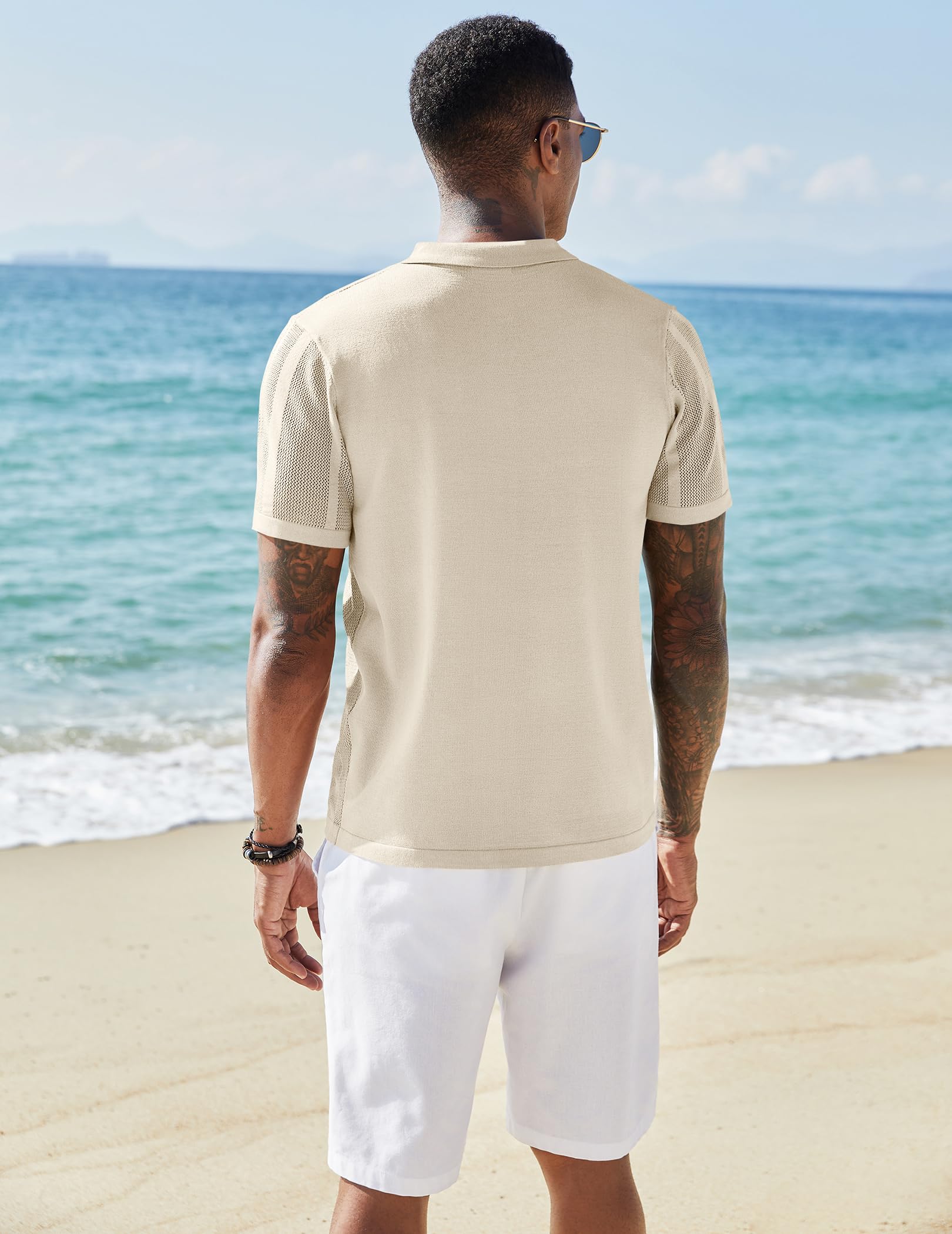 COOFANDY Men's Short Sleeve Knit Shirt Casual Button Down Shirt Vintage Knitted Polo Golf Beach Tops Light Khaki