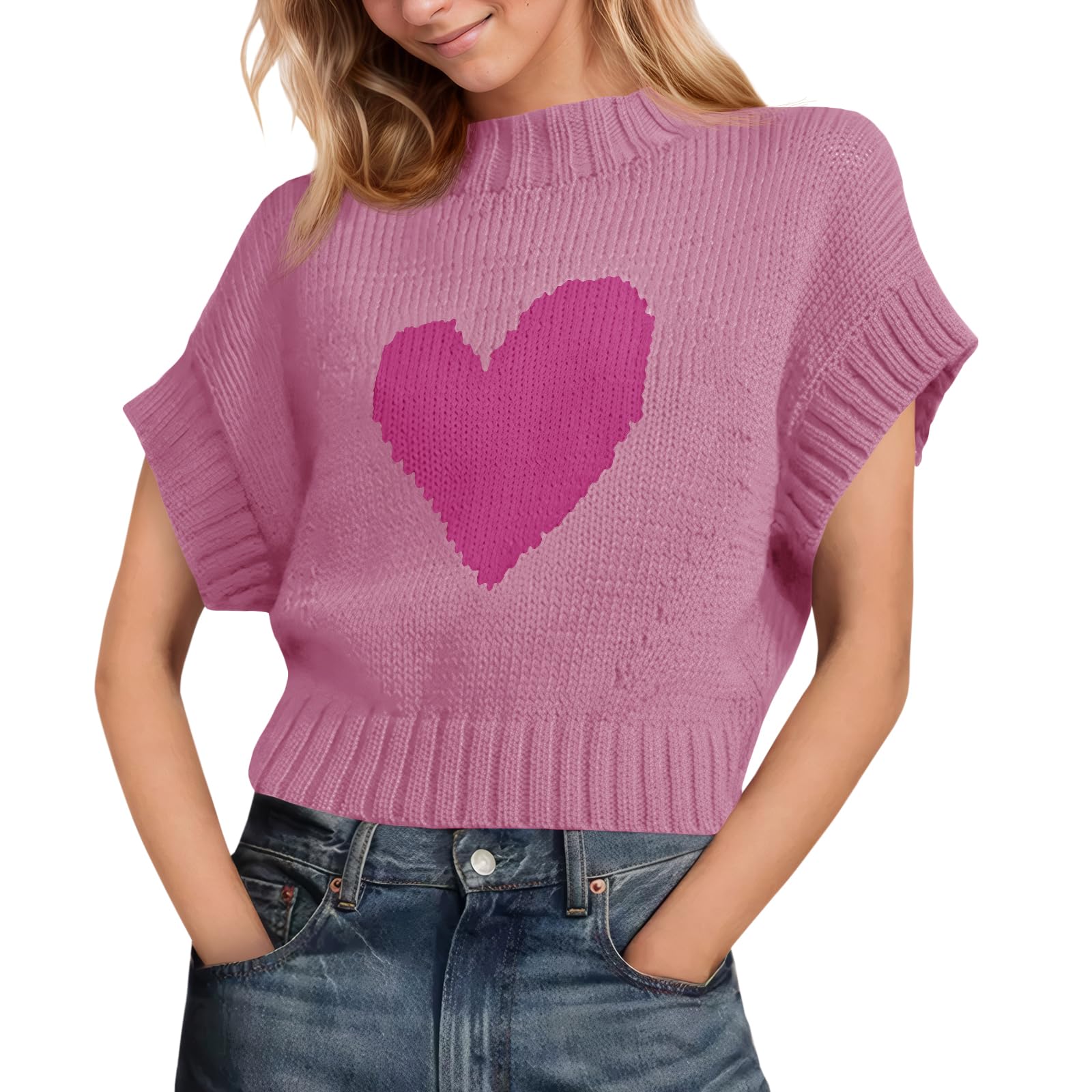 Saodimallsu Womens Cap Sleeve Cropped Sweater Mock Neck Cute Heart Loose Valentine Knit Tank Tops Pink