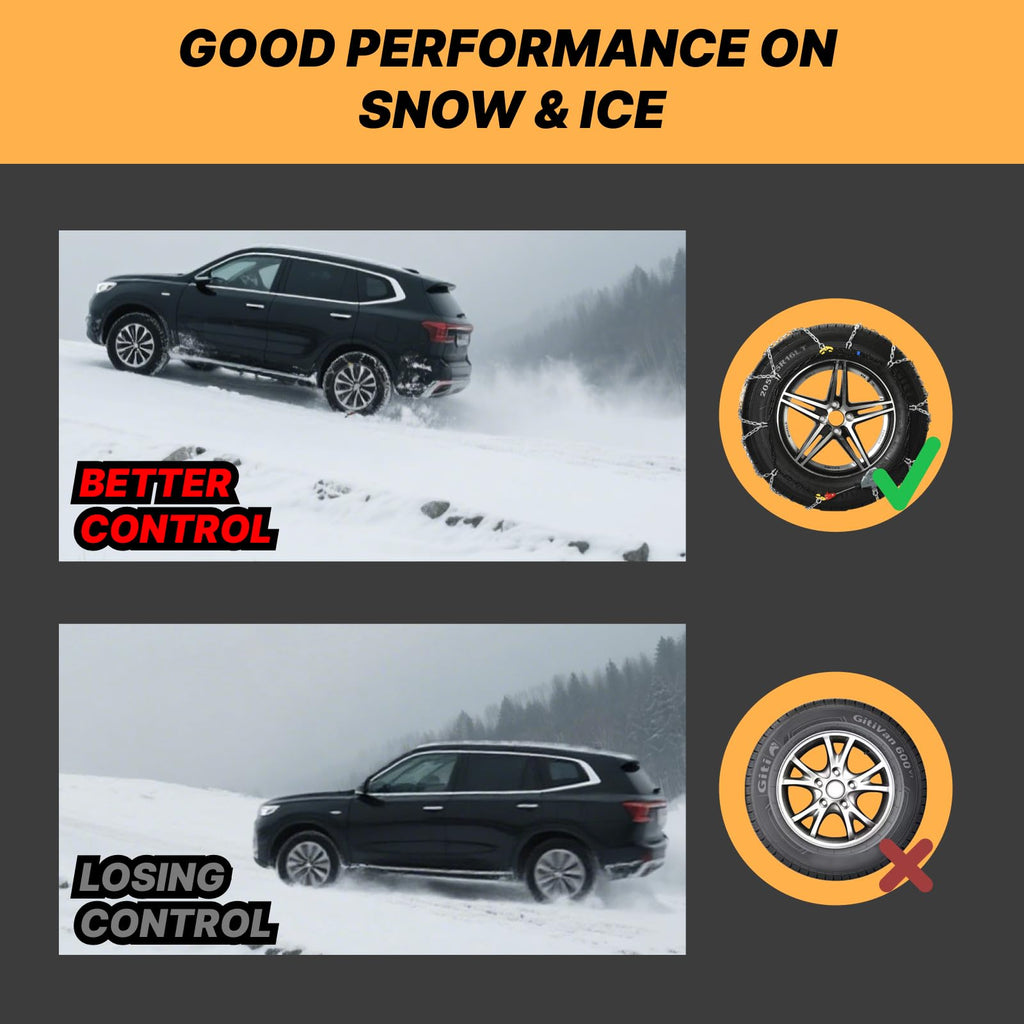Auto Fixing Snow Chains for Car Tires, Tire Chains for Passenger Cars, Sedan, SUVs, Quick Fit & Easy Installation Snow Tire Chains, Portable Reusable Emergency Tire Traction Chain, Set of 2 (HPK-1553)