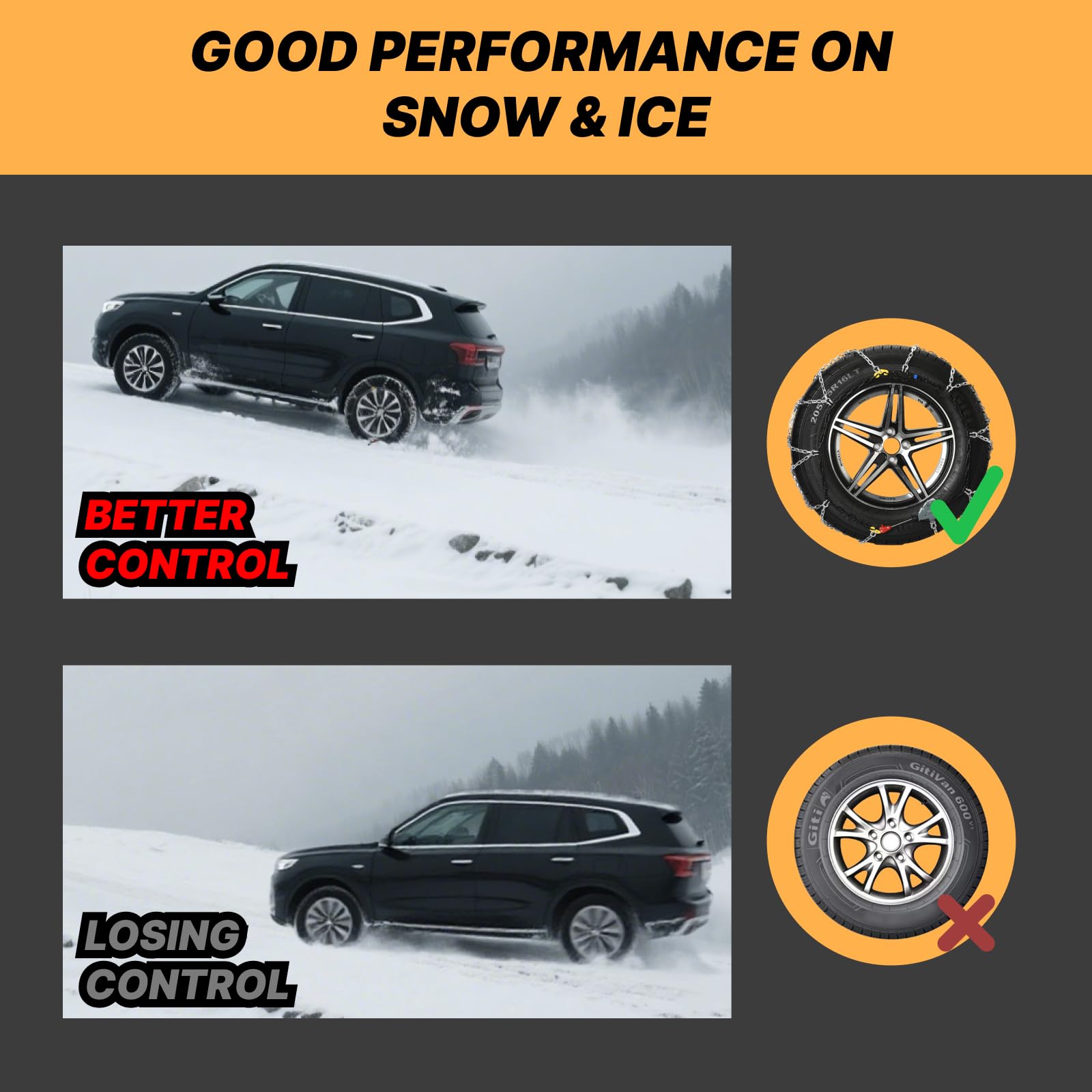 Auto Fixing Snow Chains for Pickup Trucks & SUVs Off-road, Heavy Duty Quick Fit & Easy Installation Snow Tire Chains, Portable Reusable Emergency Tire Traction Chain, Set of 2 (HPK-2335)