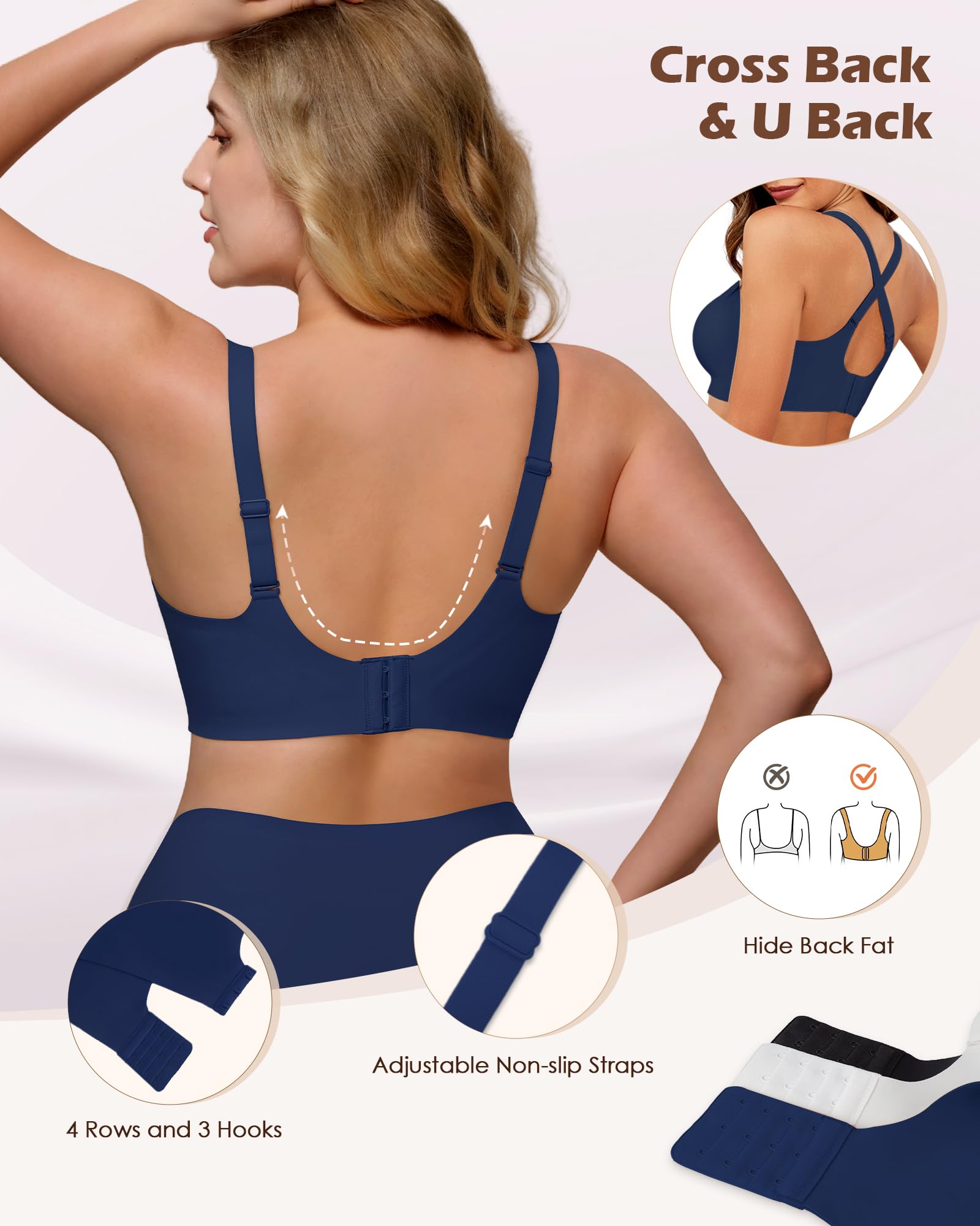 As Fairy Womens Soft Comfortable No Underwire Bras V Neck Seamless Push Up Bralettes Full Coverage Tshirt Brassiere Navy Blue 36B