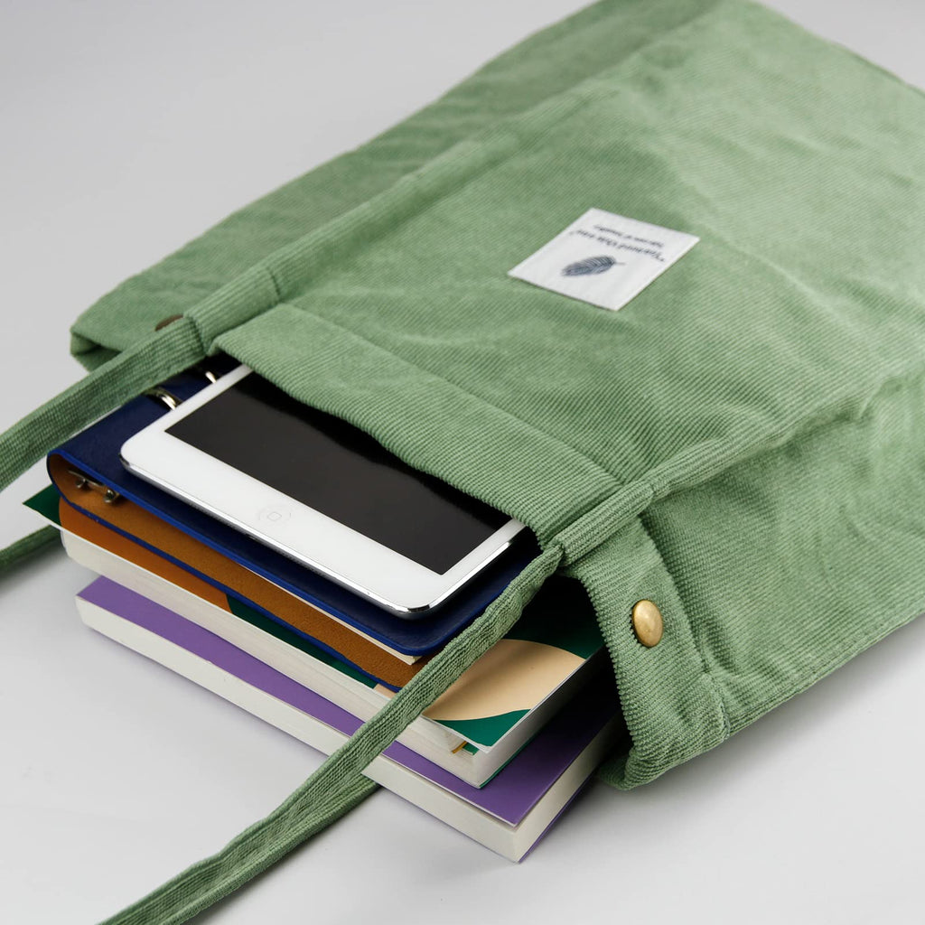 Corduroy Tote Bag Cute Tote Bags for Women Shoulder Bag with Inner Pocket for Work Beach Travel and Shopping Grocery (Matcha Green)