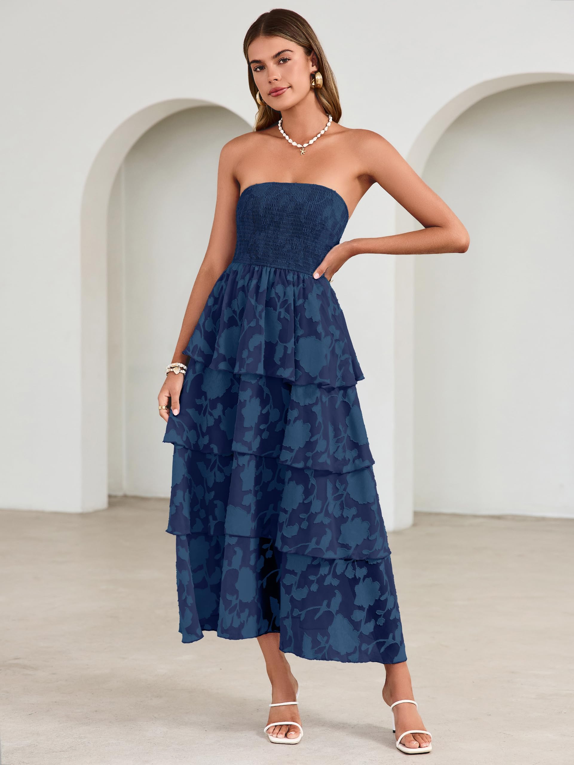 Simplee Womens Summer Strapless Maxi Dress 2026 Off The Shoulder Casual Cute Floral Boho Smocked Tube Dresses Vacation Long Sundress(Navy S)
