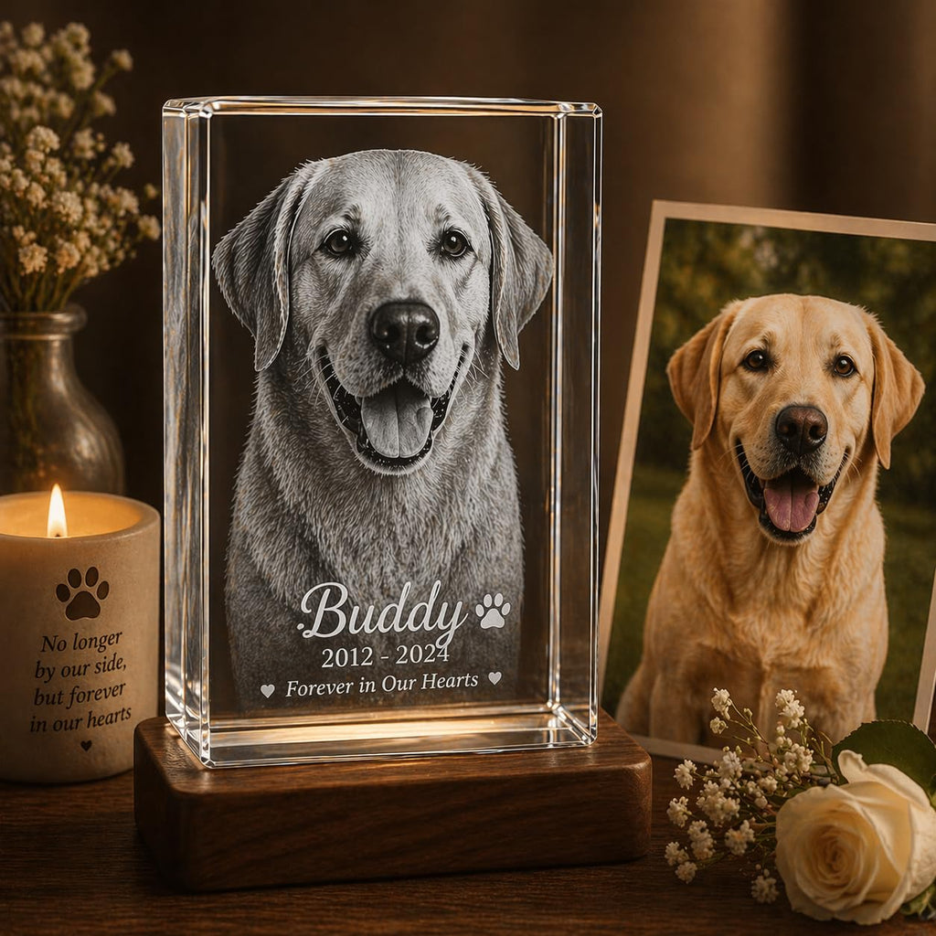 Personalized Pet Memorial 3D Photo Crystal – Custom Engraved Dog & Cat Picture in Crystal, Unique Pet Loss Sympathy Gift, Laser Etched Keepsake for Dog Lovers & Cat Lovers (3 x 2 x 2 inches)