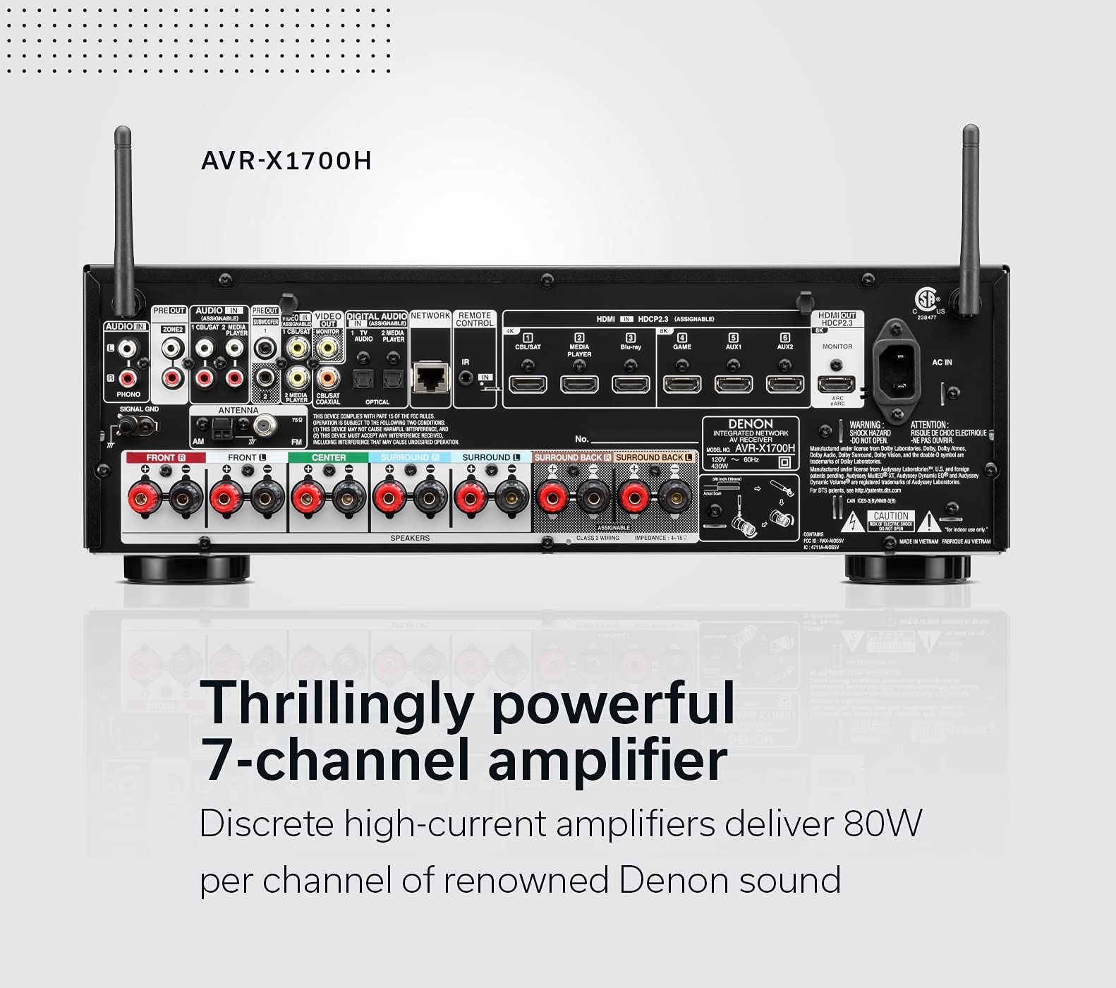 Denon AVR-X1700H 7.2 Channel AV Receiver - 80W/Channel, Advanced 8K HDMI Video w/eARC, Dolby Atmos, DTS:X, Built-in HEOS, Amazon Alexa Voice Control