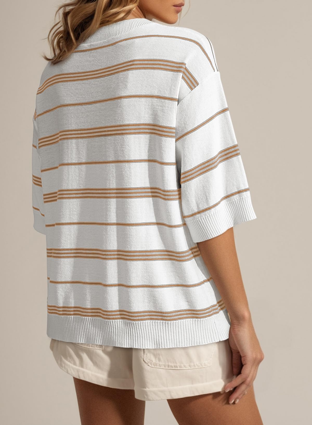 Dokotoo Sweaters for Women Oversized 3/4 Length Sleeve Womens Tops Striped Color Block Crewneck Spring Summer Casual Lightweight Knit Boho Resort Wear Pullover Sweater Tunic Blouse Khaki X-Large