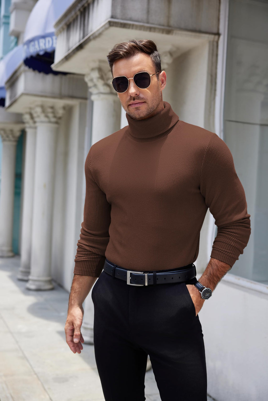 COOFANDY Men's Ribbed Turtleneck Sweater Casual Basic Long Sleeve Knitted Pullover Sweater Brown