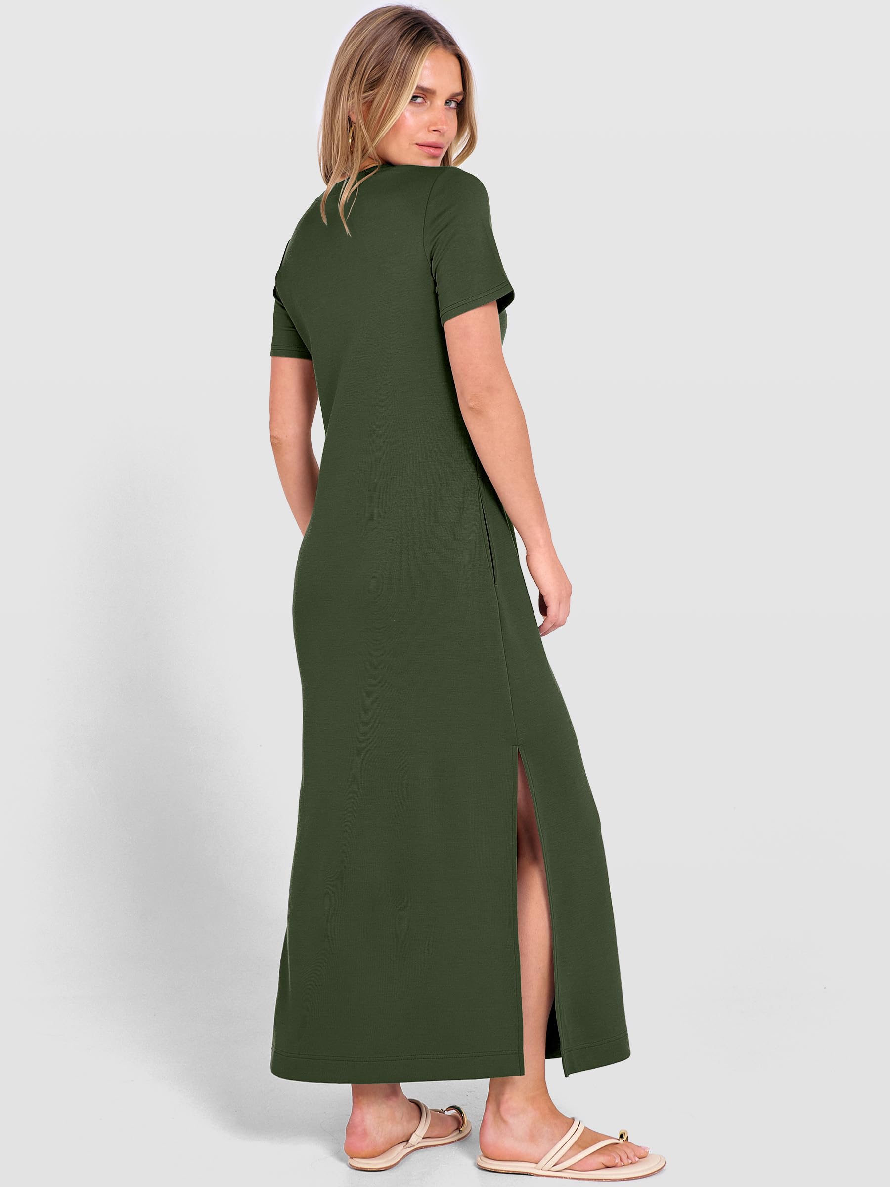 ANRABESS Womens Summer Casual Maxi Dress Short Sleeve Crewneck Split Wrinkle-Free Travel Long Sundress Beach Vacation Clothes Army Green Large