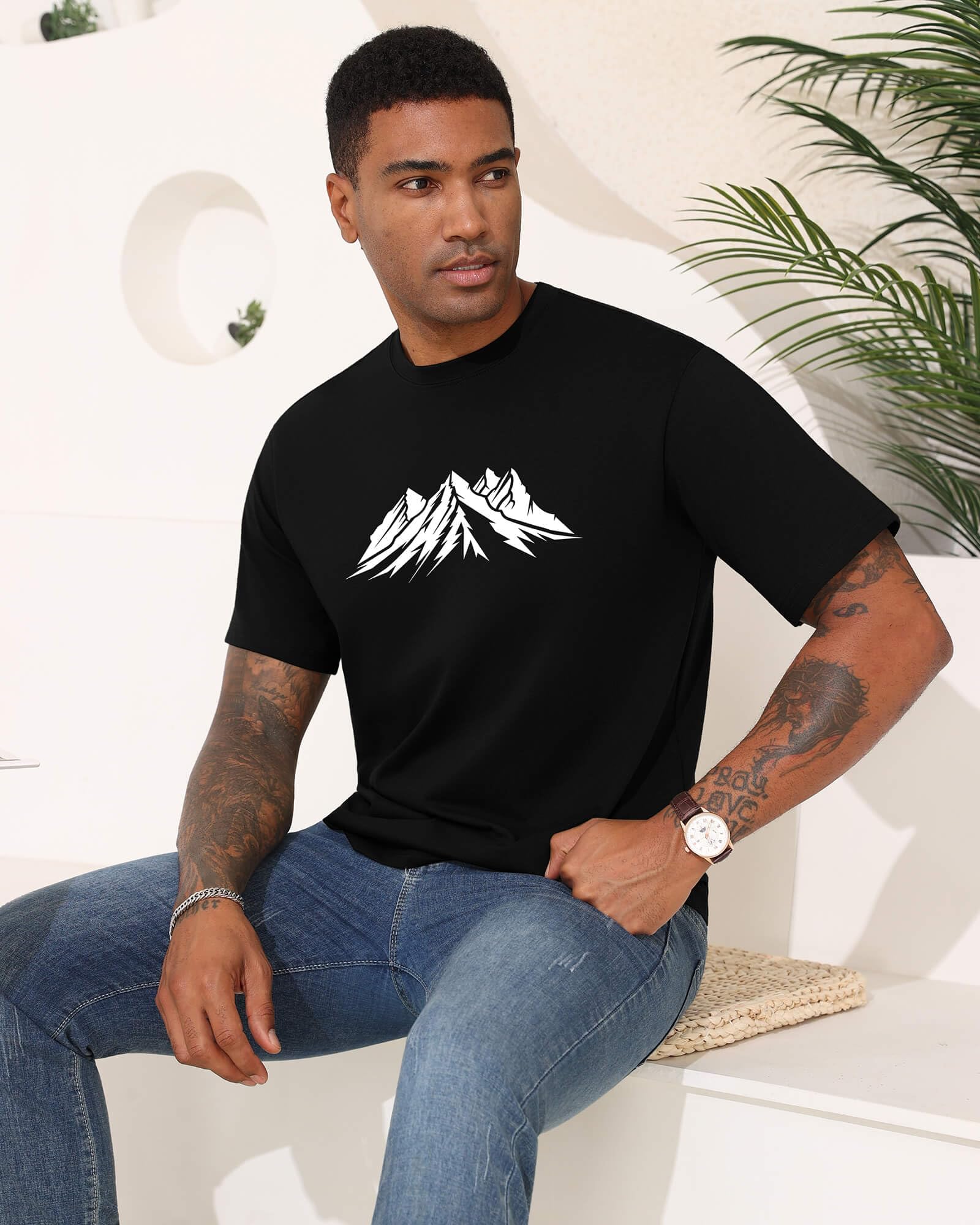 Mens Graphic T Shirts Mountain Art Print Short Sleeve Summer Top 100% Cotton Casual Tees for Men Black