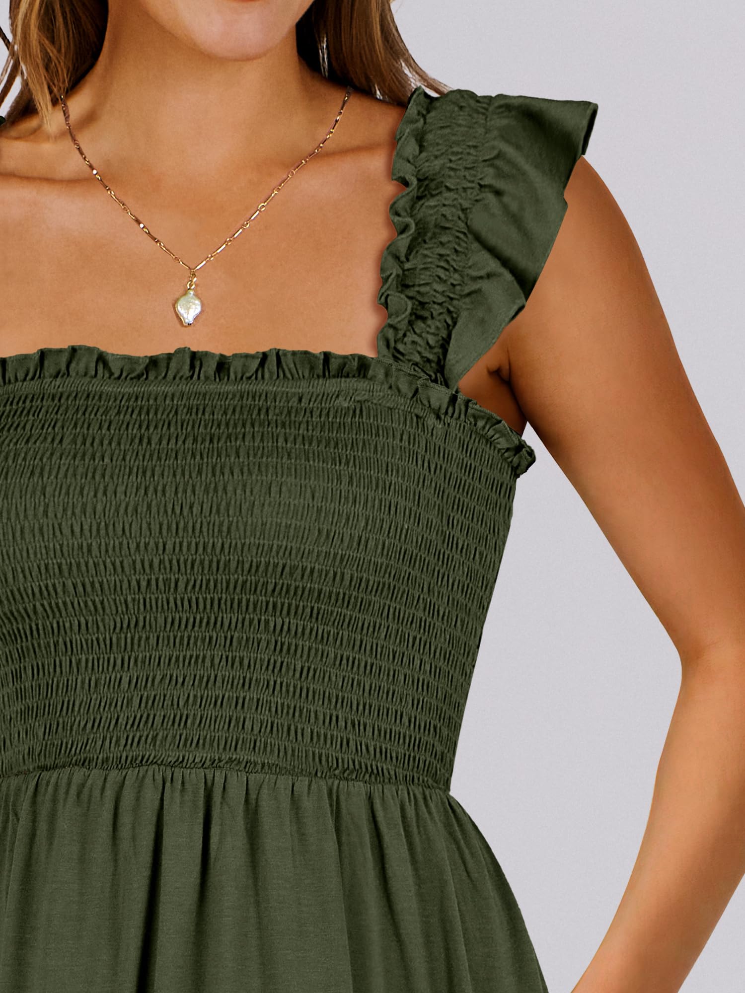 ANRABESS Women's Summer Casual Sleeveless Square Neck Dress 2026 Smocked Ruffle Backless Boho Beach Cute Teen Short Sundress Green Small