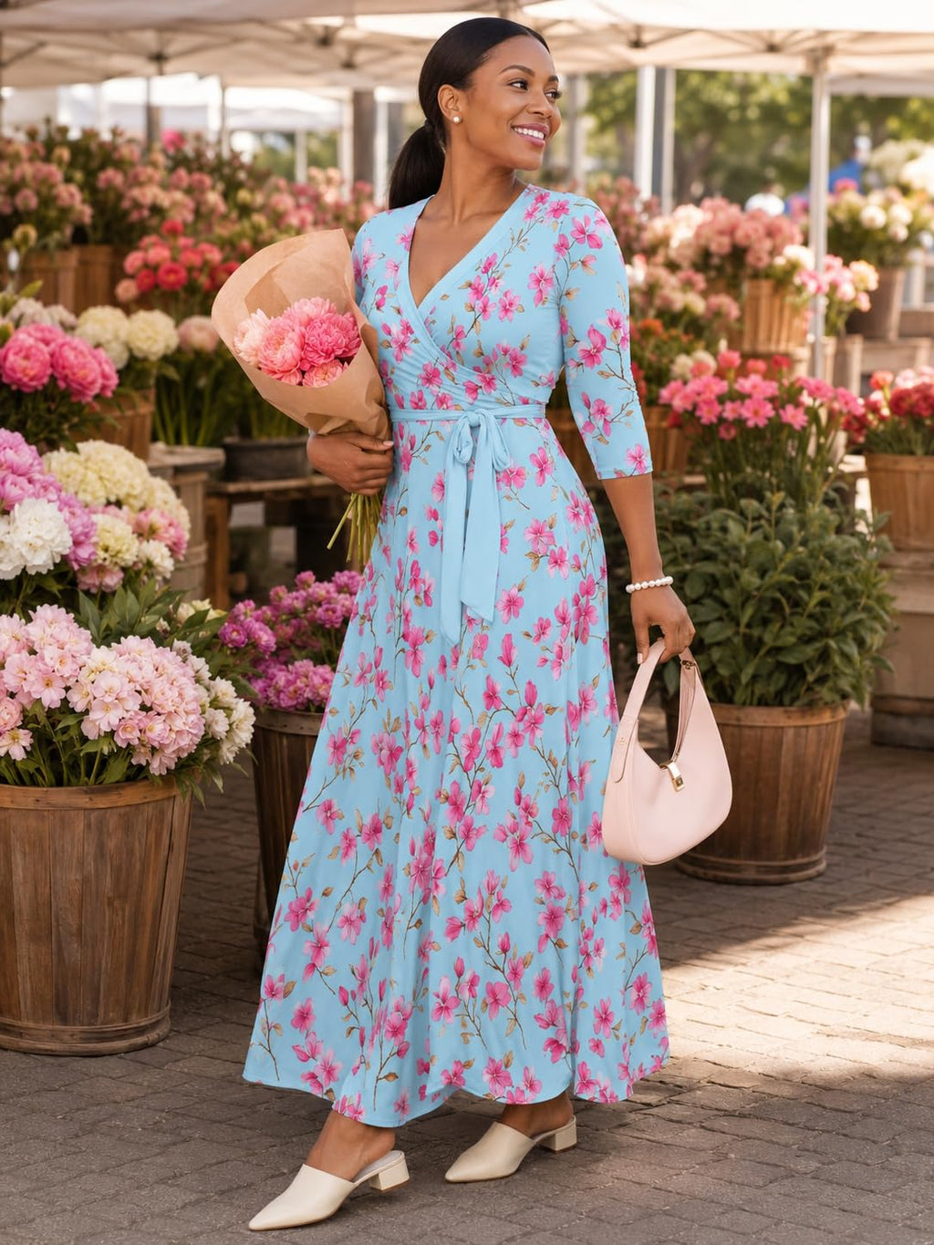 PinkPatty Plus Size Maxi Dress for Women Casual V Neck 3/4 Sleeve Boho Printed Long Dress with Pockets (Floral7 2XL)