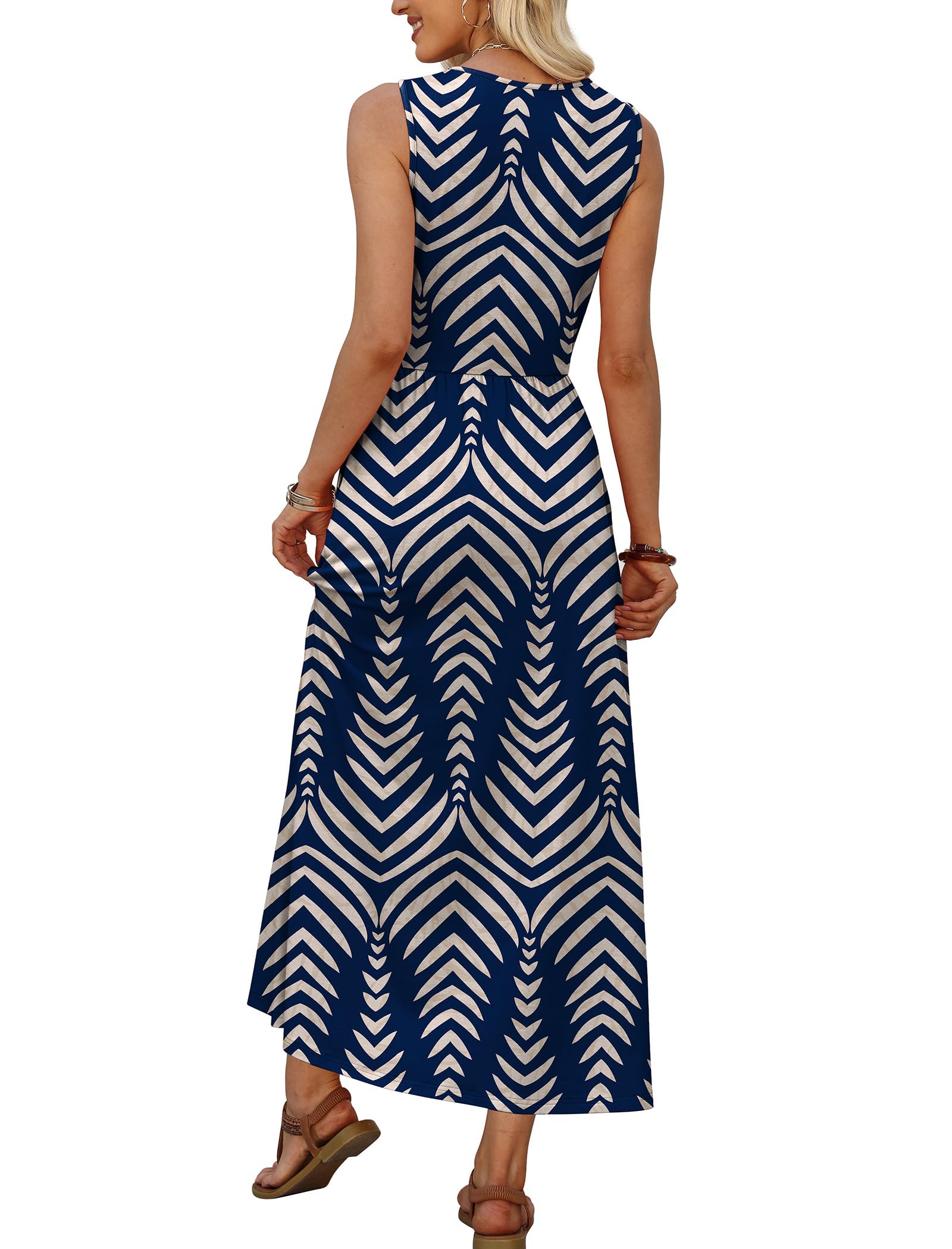 Casual Dresses for Women Long Maxi Sun Dresses Sleeveless Boho Summer Wedding Guest Dresses Formal Work Dress Empire Waist Beach Vacation Outfits Spring Fashion Clothing Cute XL Navy Print