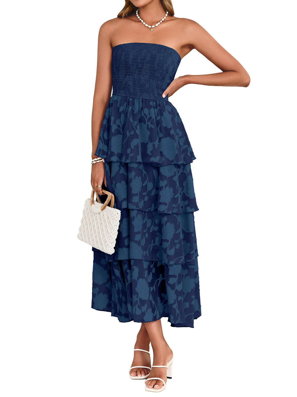 Simplee Womens Summer Strapless Maxi Dress 2026 Off The Shoulder Casual Cute Floral Boho Smocked Tube Dresses Vacation Long Sundress(Navy S)