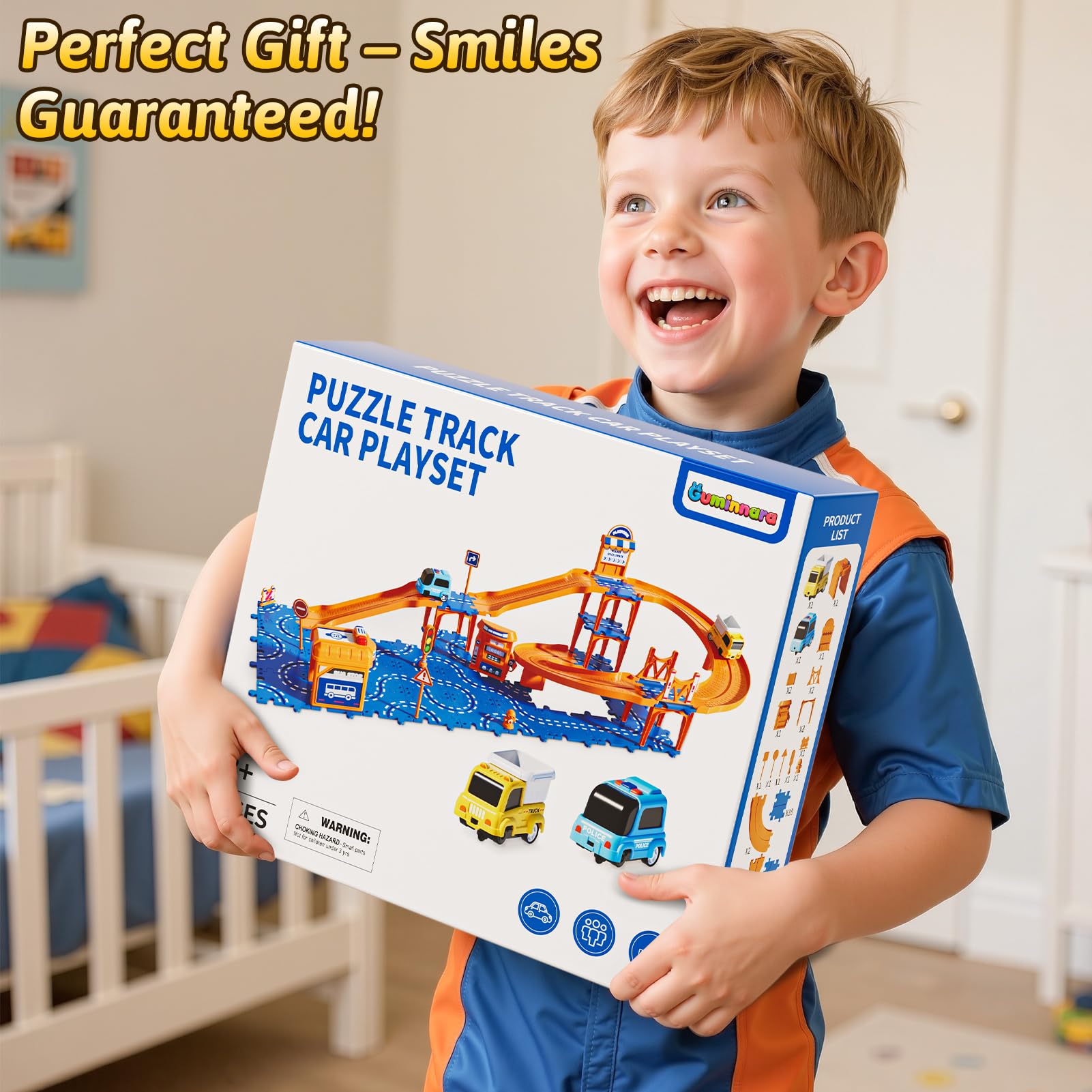 Guminnara Toddler Puzzle Race Cars Track Toys for Kids Age 3-5 2-4 Years, 59PCS Puzzles Car Track Set Includes 2 Cars and Road Signs, Educational Birthday Gifts for Kids, Boys and Girls