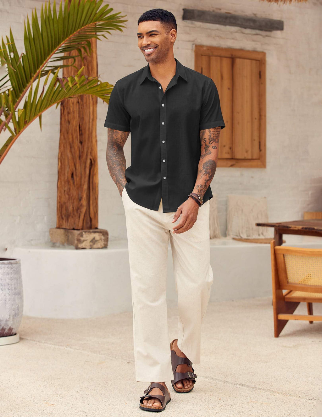 COOFANDY Men's Linen Cotton Casual Button Down Shirt Slim Fit Free Wrinkle Beach Shirt Black