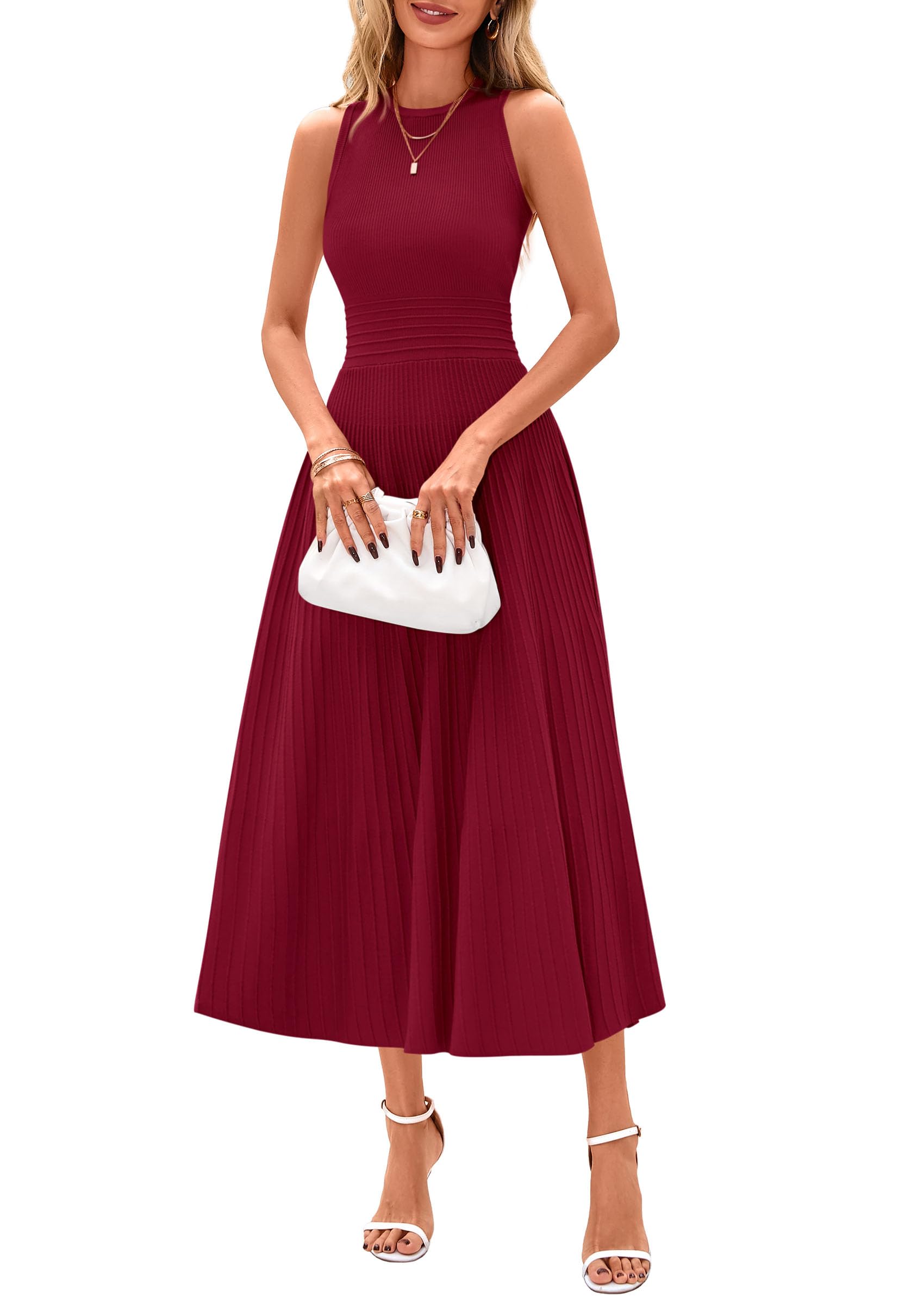 PRETTYGARDEN Spring Casual Dresses for Women 2026 Summer Business Work Midi Sleeveless A Line Pleated Cocktail Dress(Burgundy,Medium)