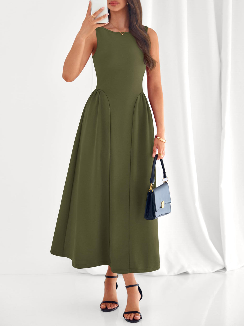PRETTYGARDEN Summer Sleeveless Maxi Dresses for Women 2026 Elegant Classy A Line Tank Formal Midi Long Wedding Guest Dress(Army Green,Medium)