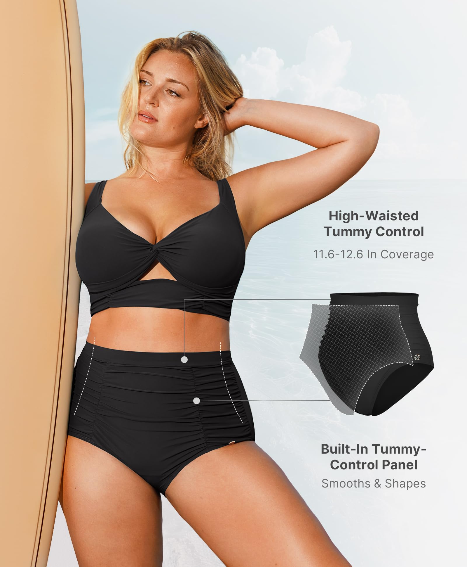 SHAPELLX Black Tummy Control Bikini High Waisted Swimsuits Push Up Padded Bathing Suit Ruched Twist Front Swim Suit (Black, XLarge)