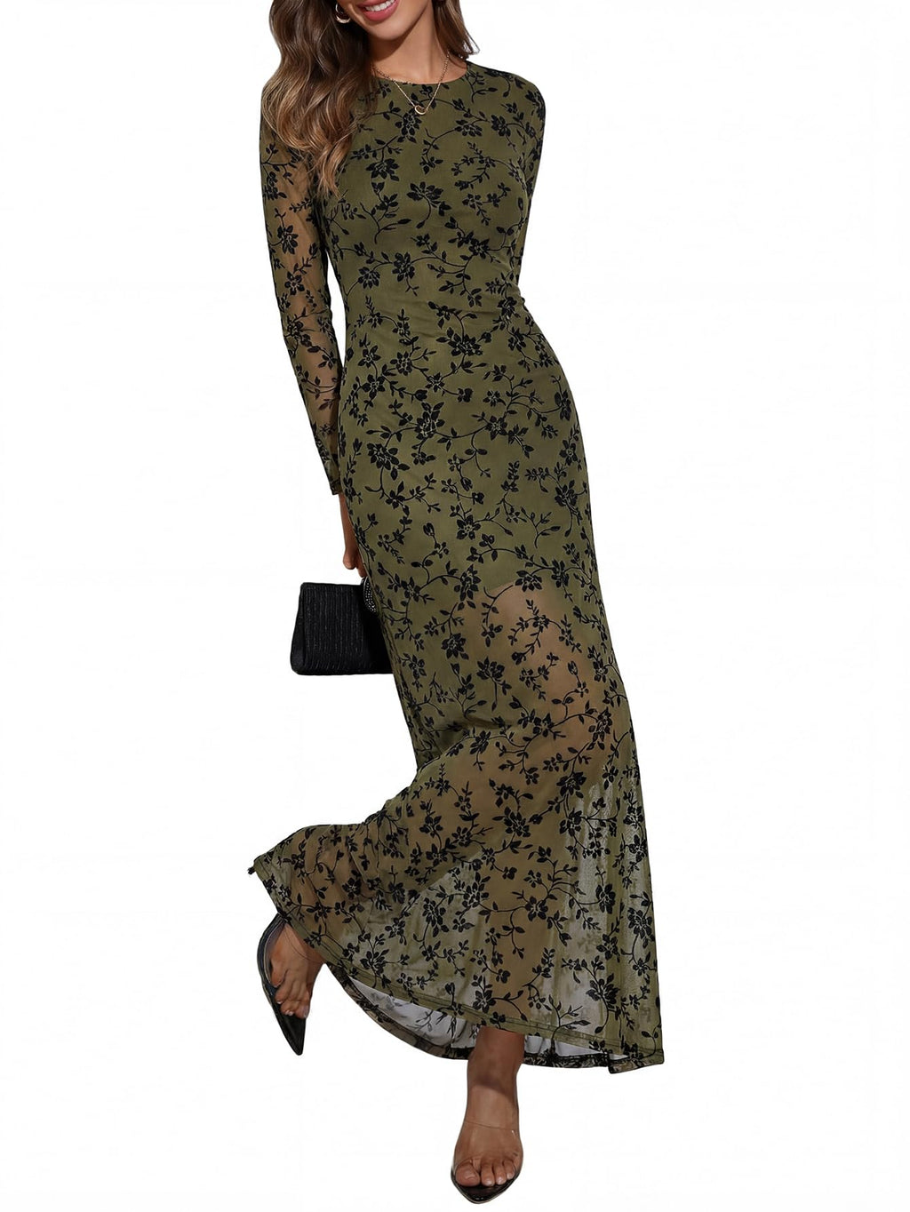 Verdusa Women's Floral Mesh Maxi Dresses Elegant Formal Long Sleeve Spring Wedding Guest Dress Cocktail Army Green Medium