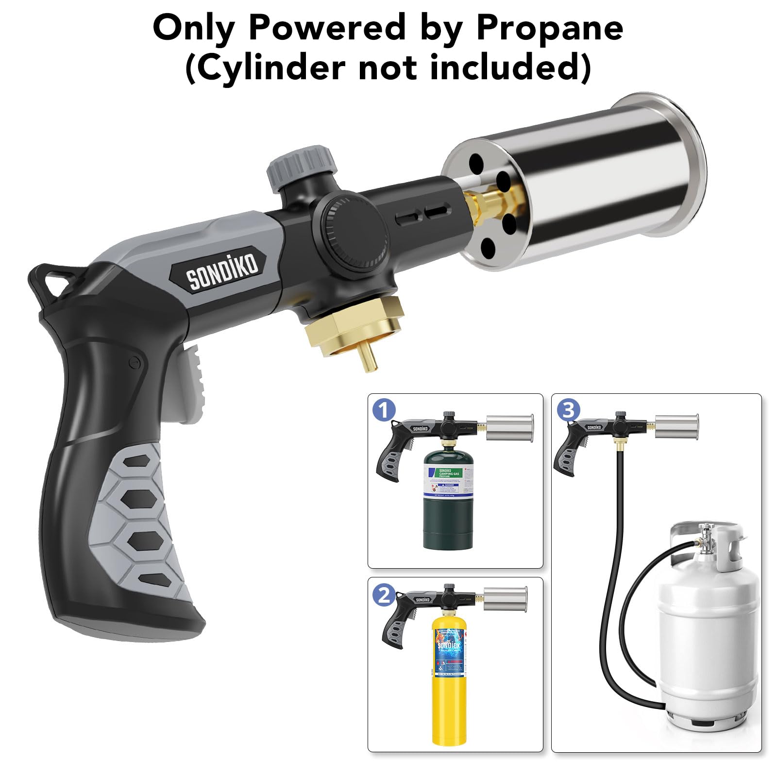 Sondiko Powerful Grill & Cooking Propane Torch L8010, Sous Vide, Campfire Starter, Adjustable Wood Torch Burner for Searing Steak, BBQ, Welding(Black, Grey) Propane Tank Not Included