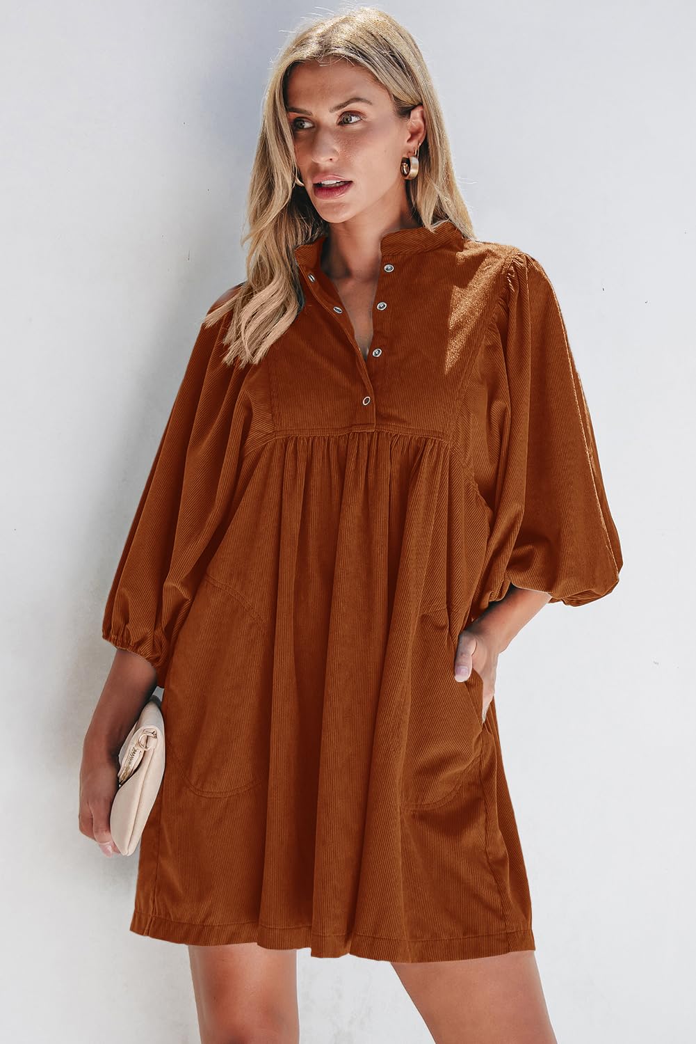 Opemiby Womens Casual Dresses Corduroy Button Up Empire Waist 3/4 Sleeve Fall Winter Mini Babydoll Dress Gold Flame L