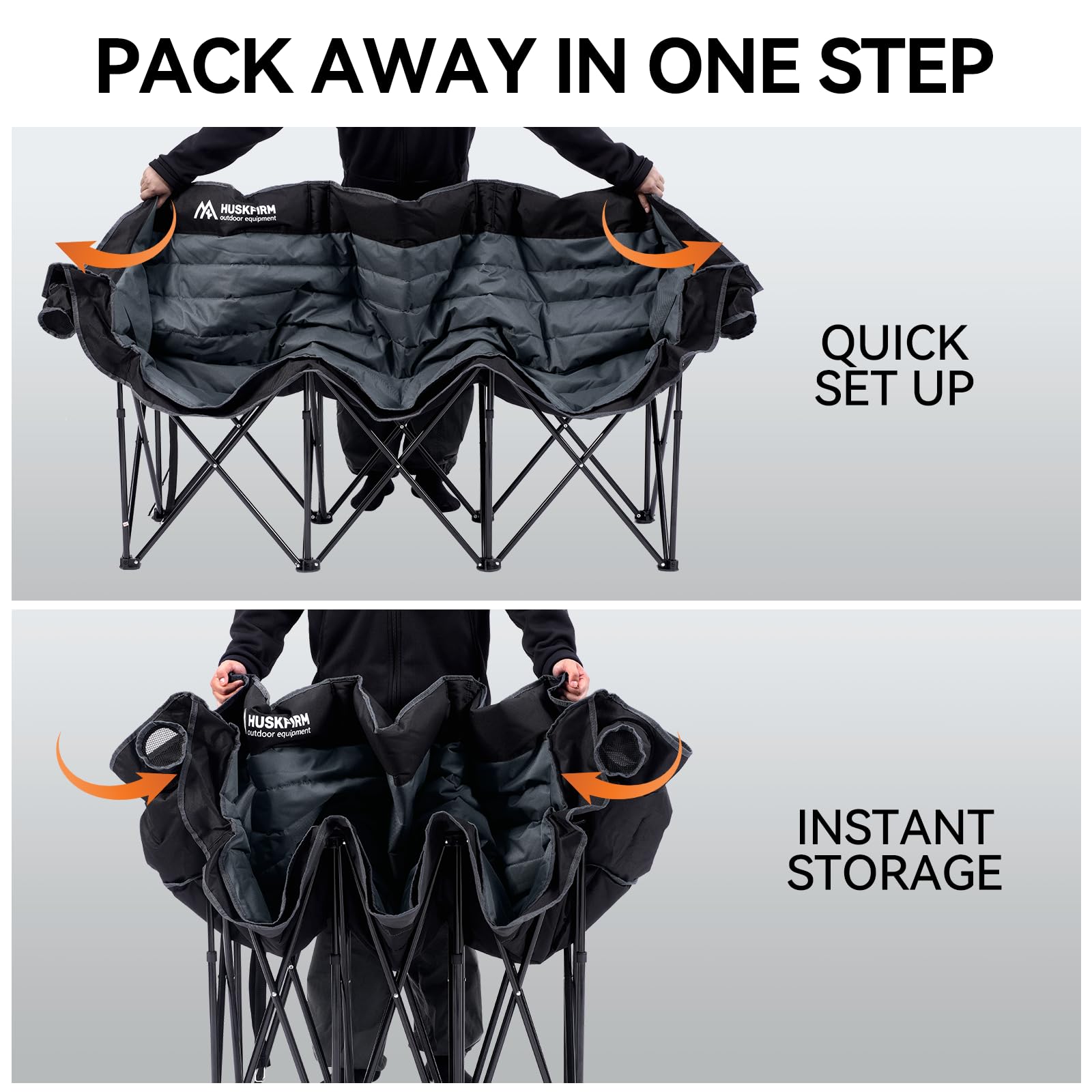 Huskfirm 3 Person Camping Chairs Folding Double Camping Chair Portable Oversized Loveseat Padded Camp Chair Heavy Duty Camping Couch for Adults Outdoor Lawn with Two Cup Holders and Carry Bag