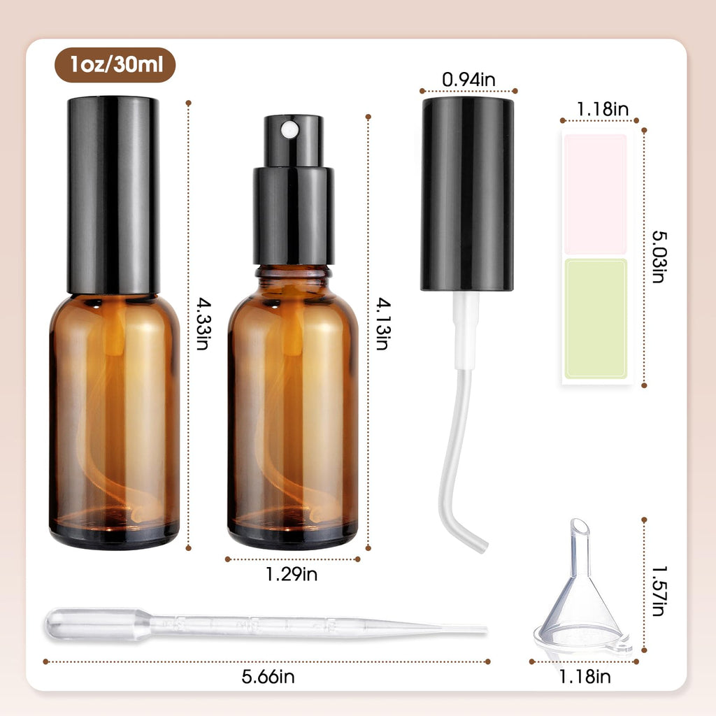 Showvigor 4-Pack 1oz/30ml Amber Glass Spray Bottles for Fine Mist | with 2 Extra Nozzles, Refillable Essential Oil, Toner, Hair Care & Cleaning Solutions Bottles Set | Leak-Proof, UV Protection