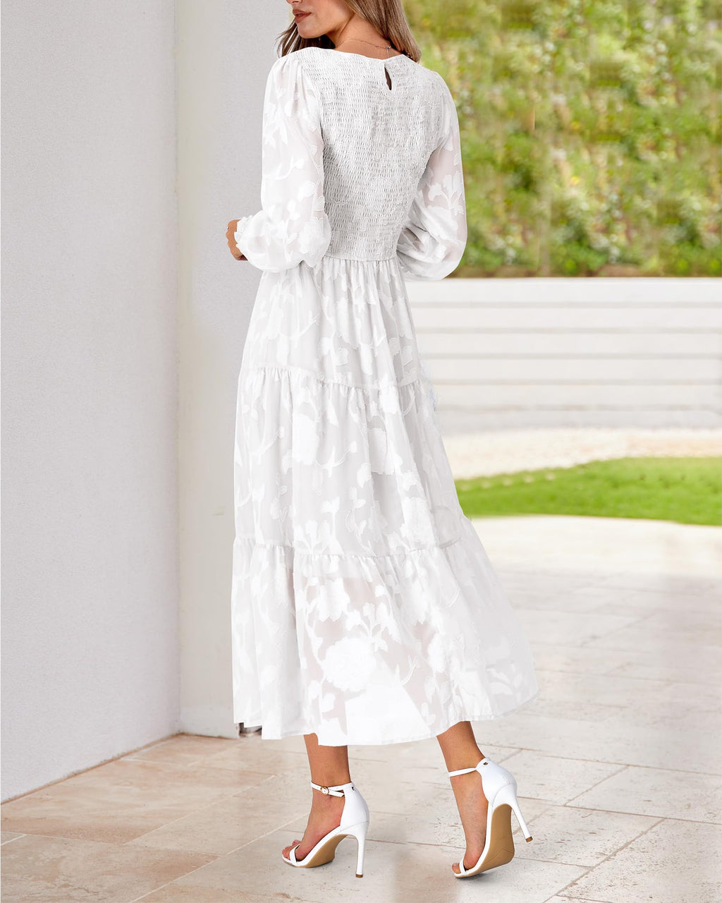 BTFBM Wedding Guest Dresses for Women Fall Fashion 2025 Casual Long Sleeve Floral Maxi Boho Homecoming Dress(White,Medium)
