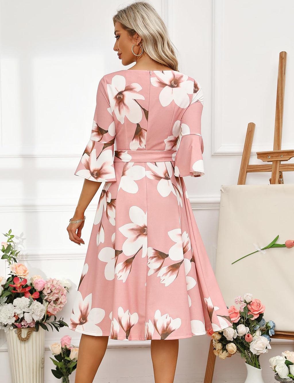 HomRain Modest for Church Elegant 3/4 Sleeve Dress for Women Casual Work Bell Sleeve Dresses for Formal Bridesmaid Wedding Guest Blush-White-Flower XL