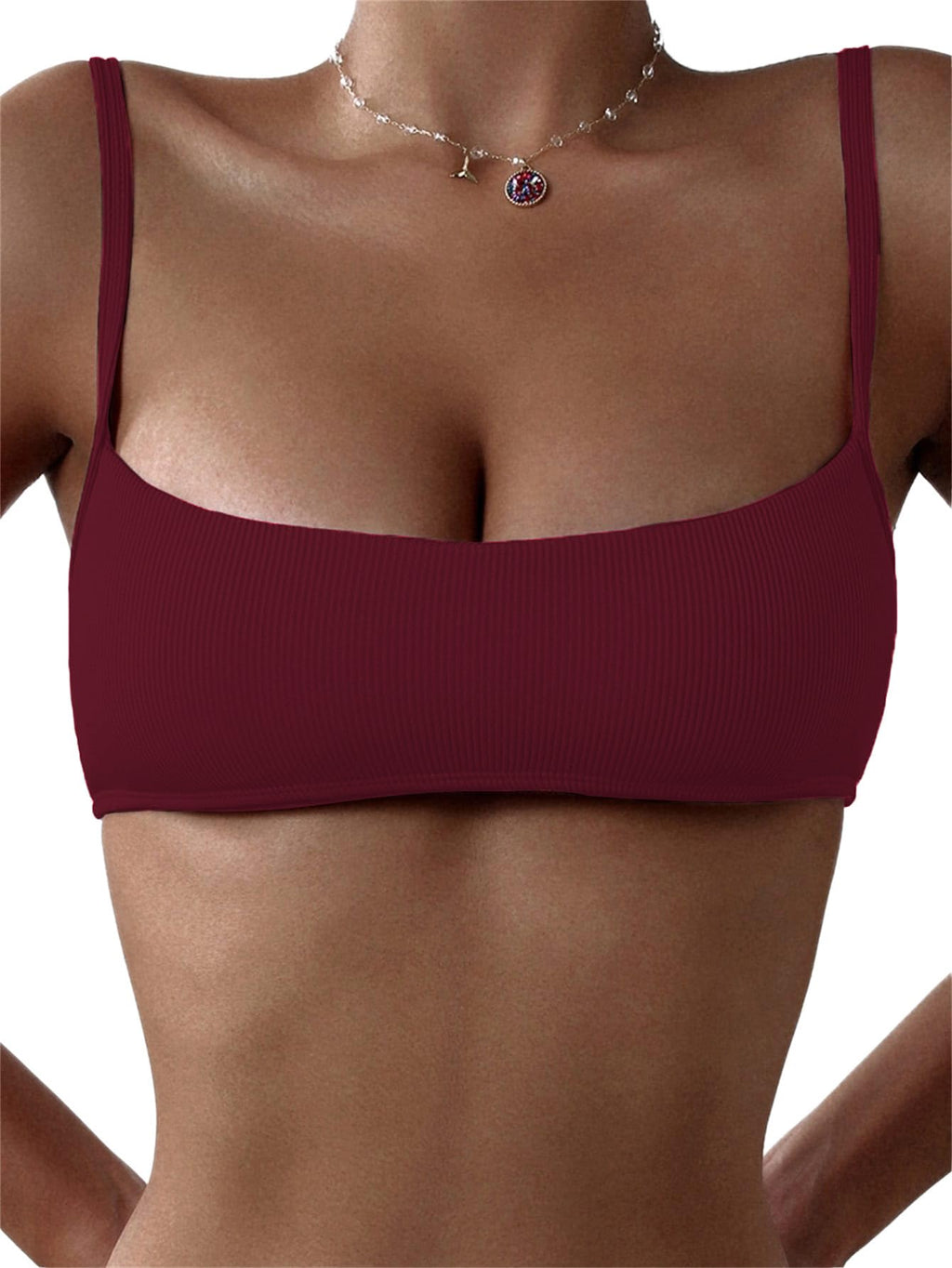 WDIRARA Women's Bandeau Swim Top Spaghetti Strap Ribbed Textured Wireless Bikini Tops Burgundy Medium