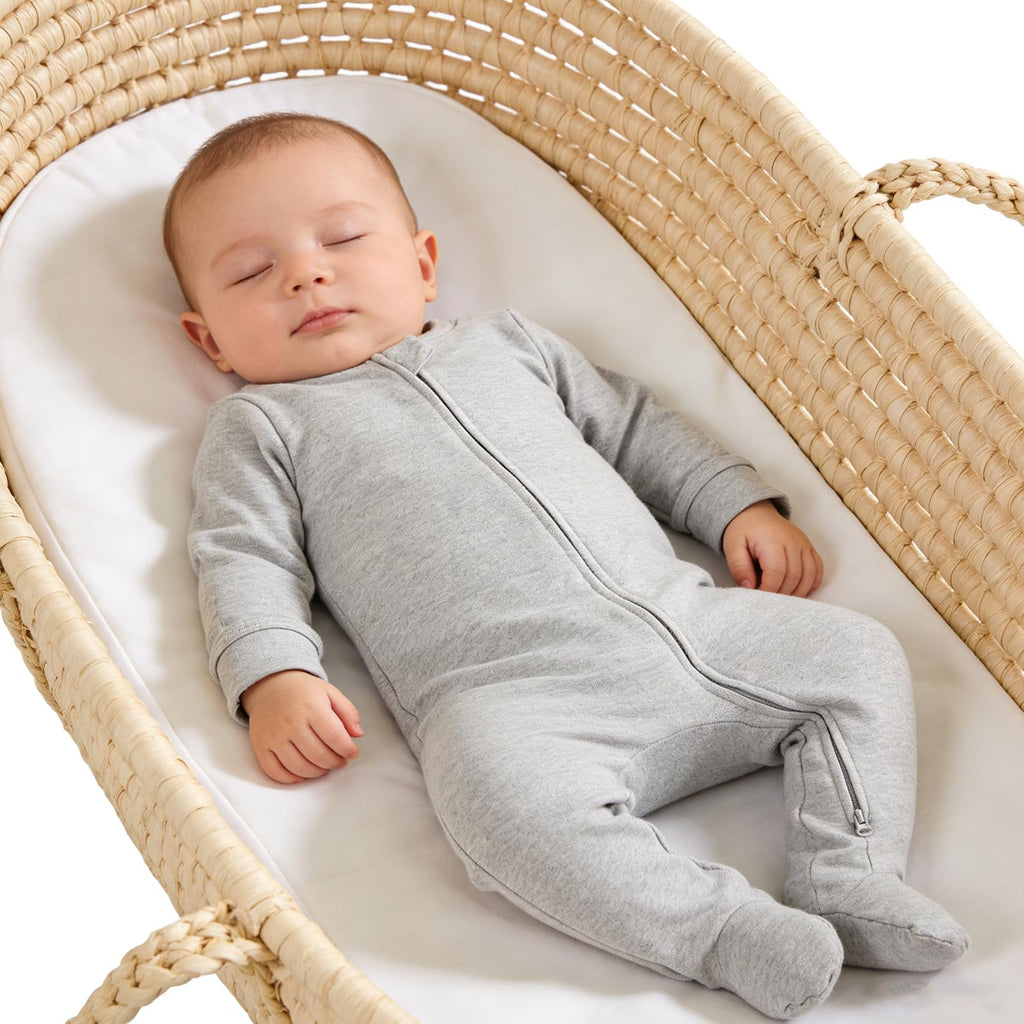Aablexema Baby Footie Pajama with Mitten Cuffs, Double Zipper Infant Cotton clothes Sleeper Pjs, Footed Sleep Play(Ivory & Grey & Blue,12-18 Months)