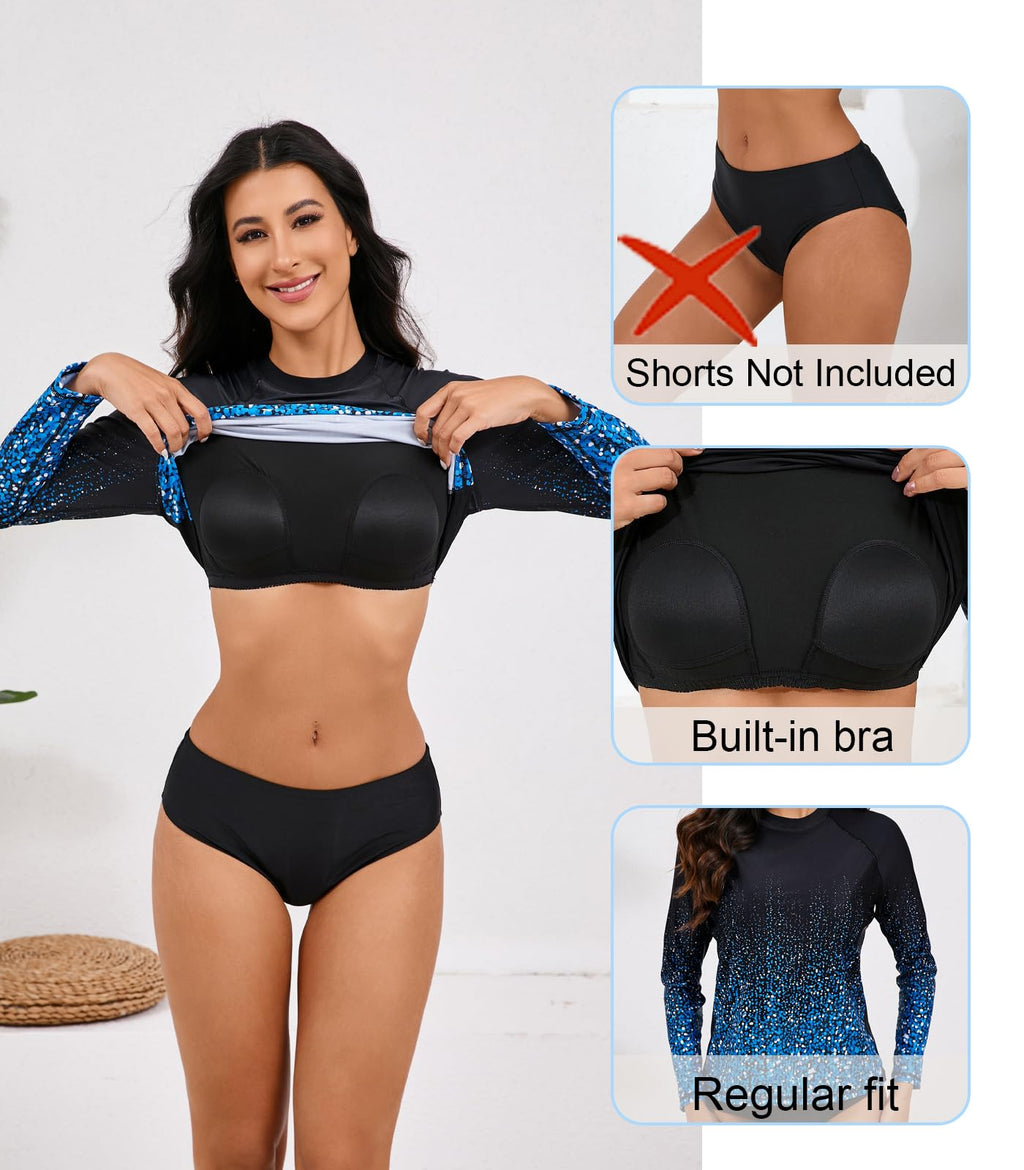Halcurt Womens Long Sleeve Rash Guard Swim Shirts with Built in Bra UPF50+ Sun Protection Swimsuit Top Ombre Black Blue M