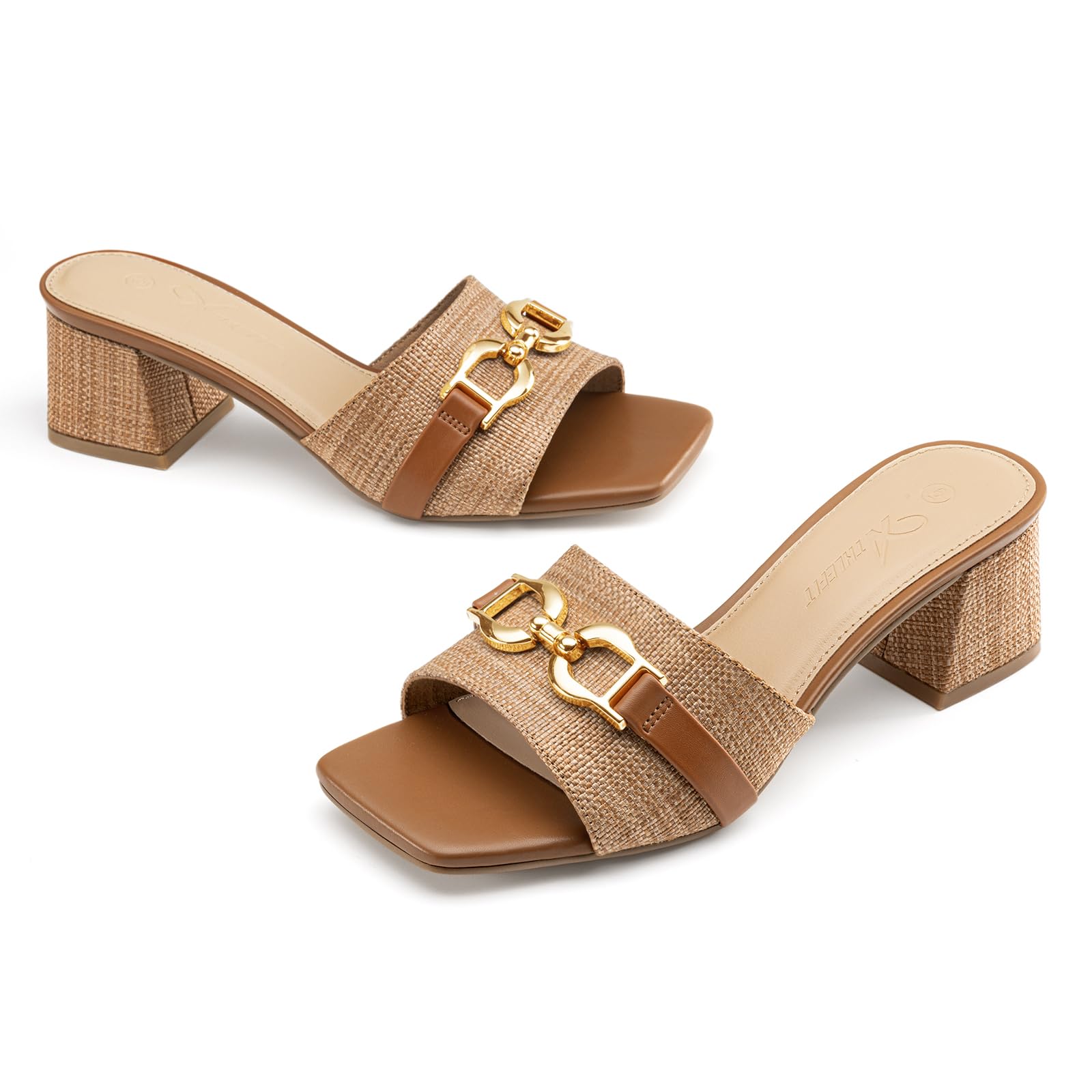 Athlefit Mules Chunky Heels for Women Brown Raffia Slip On Heeled Sandals Square Open Toe 2 Inch Low Block Heels for Summer Dressy