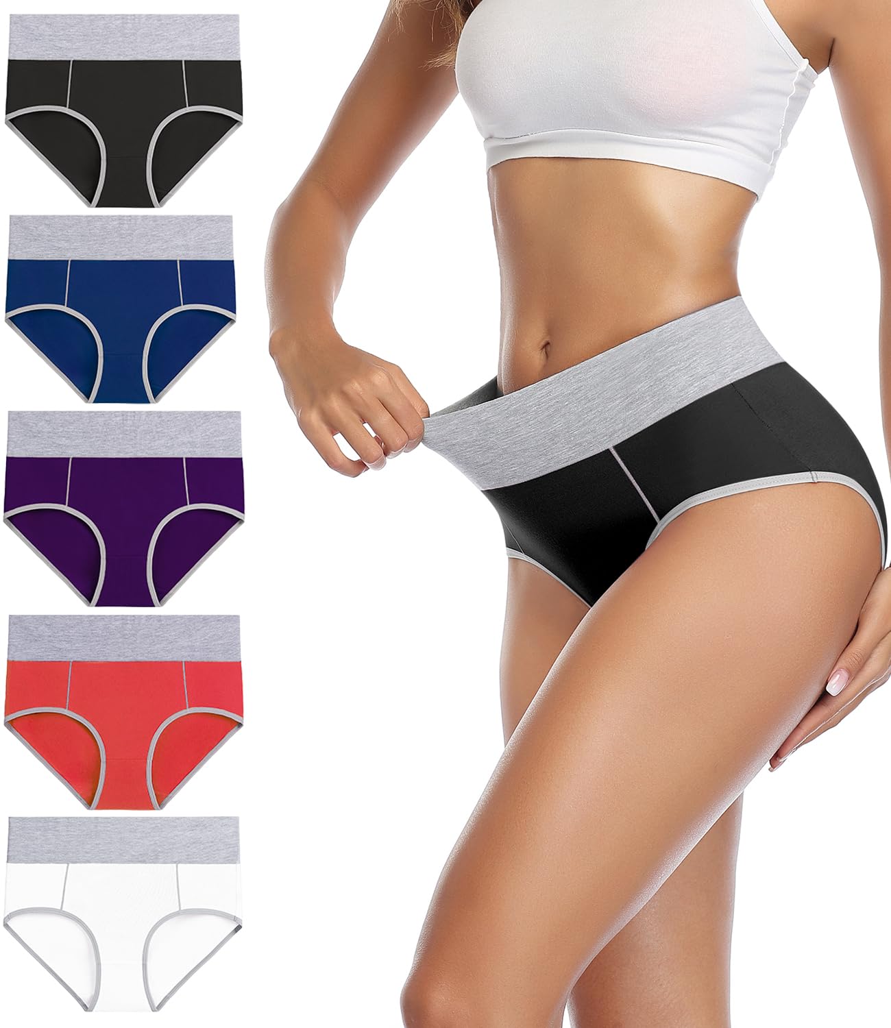 wirarpa Women's Cotton Underwear High Waist Stretch Briefs Soft Underpants Ladies Full Coverage Panties 5 Pack Black Purple White Navy Red Medium