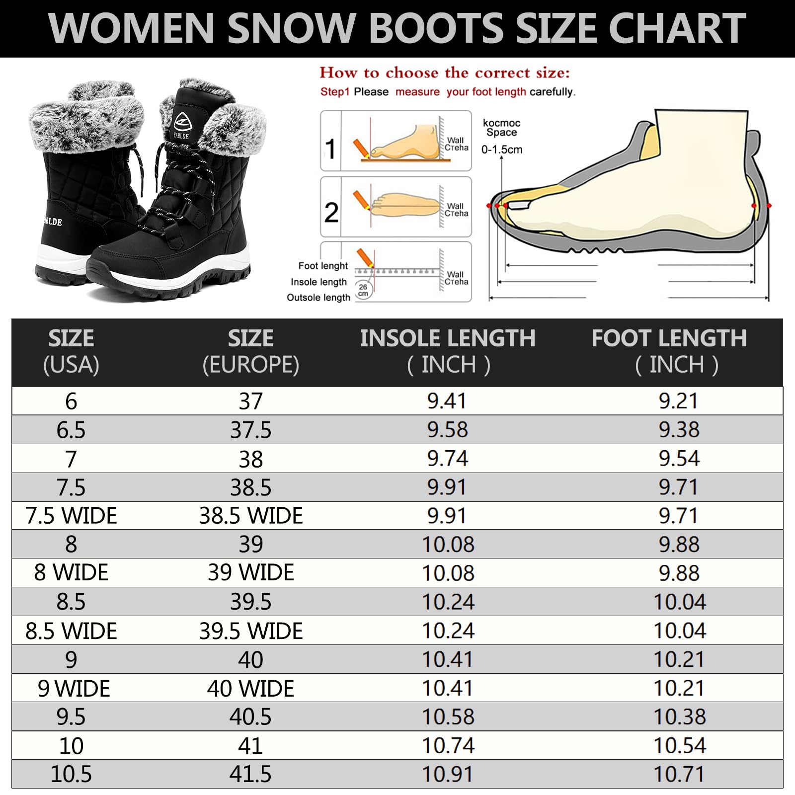 EARLDE Women’s Snow Boot With Waterproof Lace Up Mid-Calf Outdoor Winter Deep Tread Rubber Sole Size 8