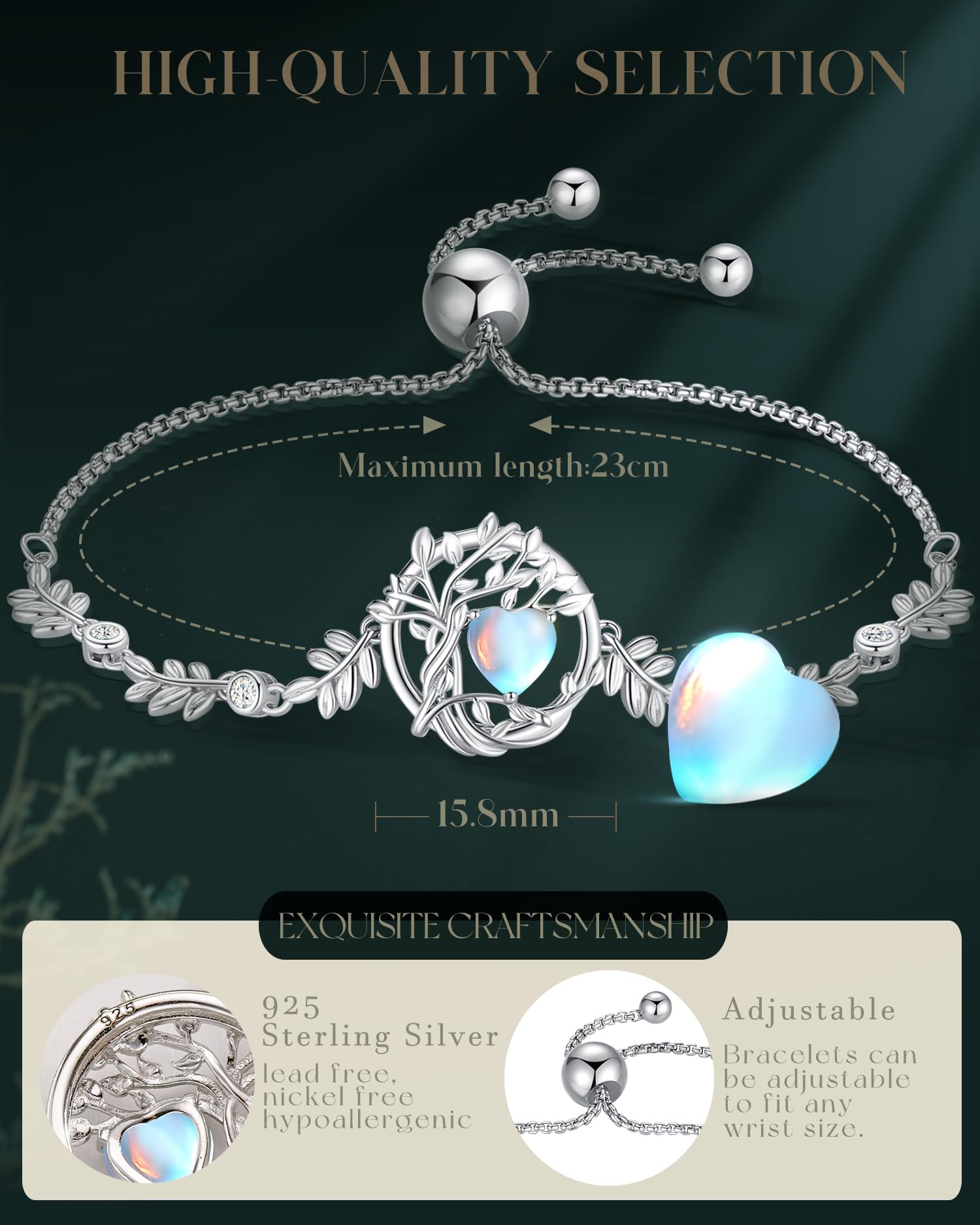 FANCIME Tree of life June Birthstone Bracelet for women Sterling Silver Tree Jewelry Moonstone Charm Bracelet Rainbow Gemstone Anniversary Birthday Christmas Gifts for Wife Mom Her